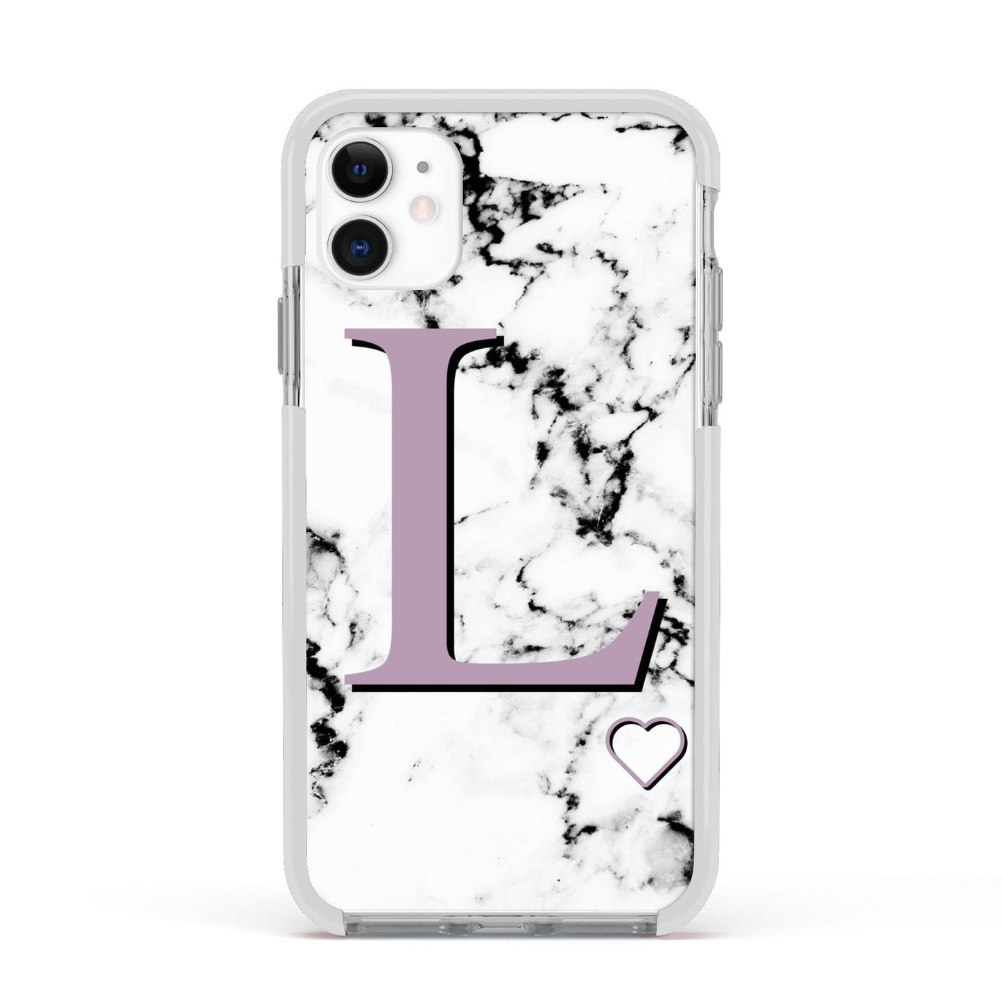 Personalised Purple Monogram Marble Heart Apple iPhone 11 in White with White Impact Case