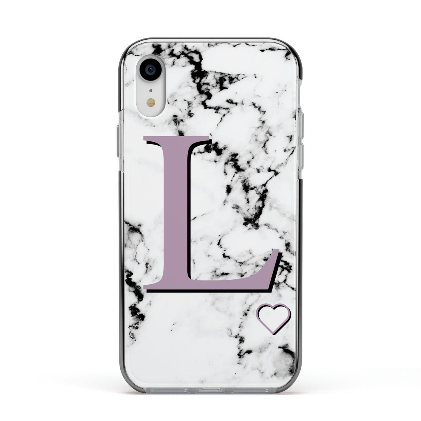 Personalised Purple Monogram Marble Heart Apple iPhone XR Impact Case Black Edge on Silver Phone