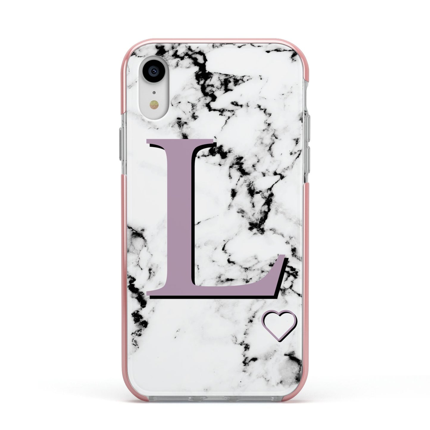 Personalised Purple Monogram Marble Heart Apple iPhone XR Impact Case Pink Edge on Silver Phone