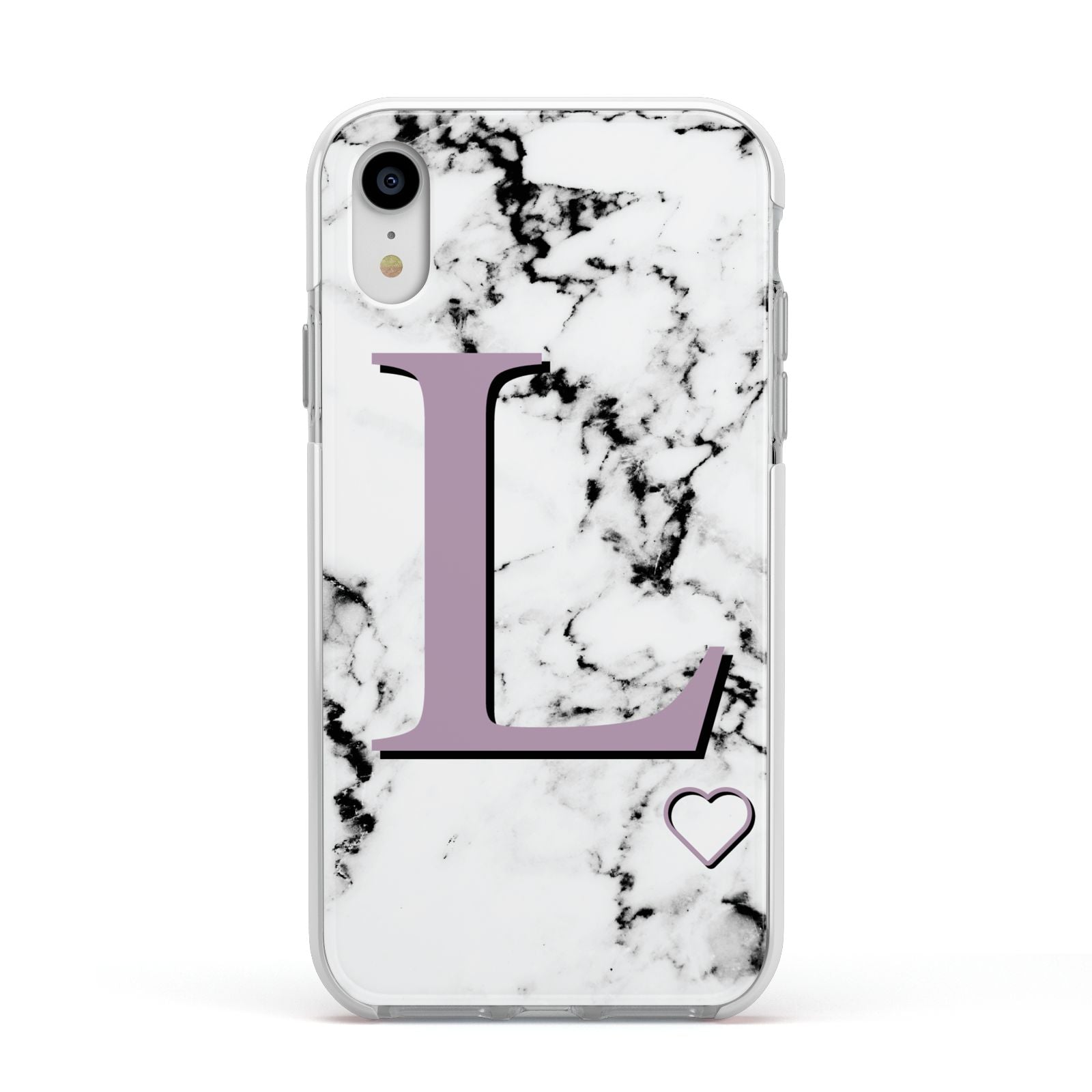 Personalised Purple Monogram Marble Heart Apple iPhone XR Impact Case White Edge on Silver Phone