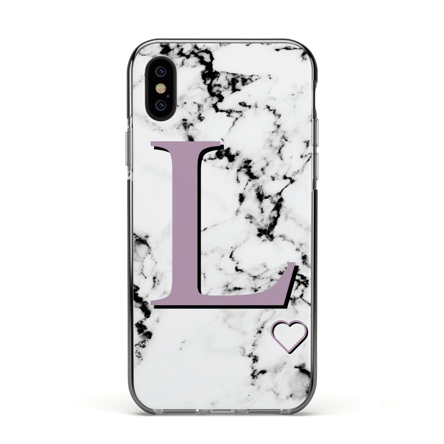 Personalised Purple Monogram Marble Heart Apple iPhone Xs Impact Case Black Edge on Black Phone