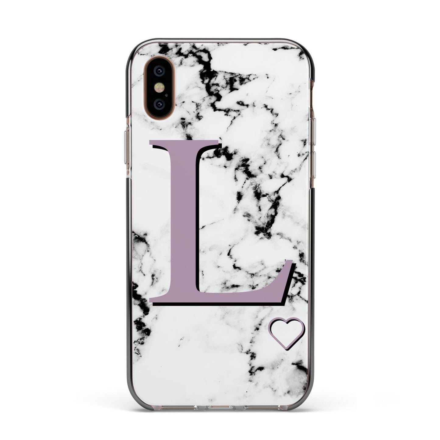 Personalised Purple Monogram Marble Heart Apple iPhone Xs Impact Case Black Edge on Gold Phone