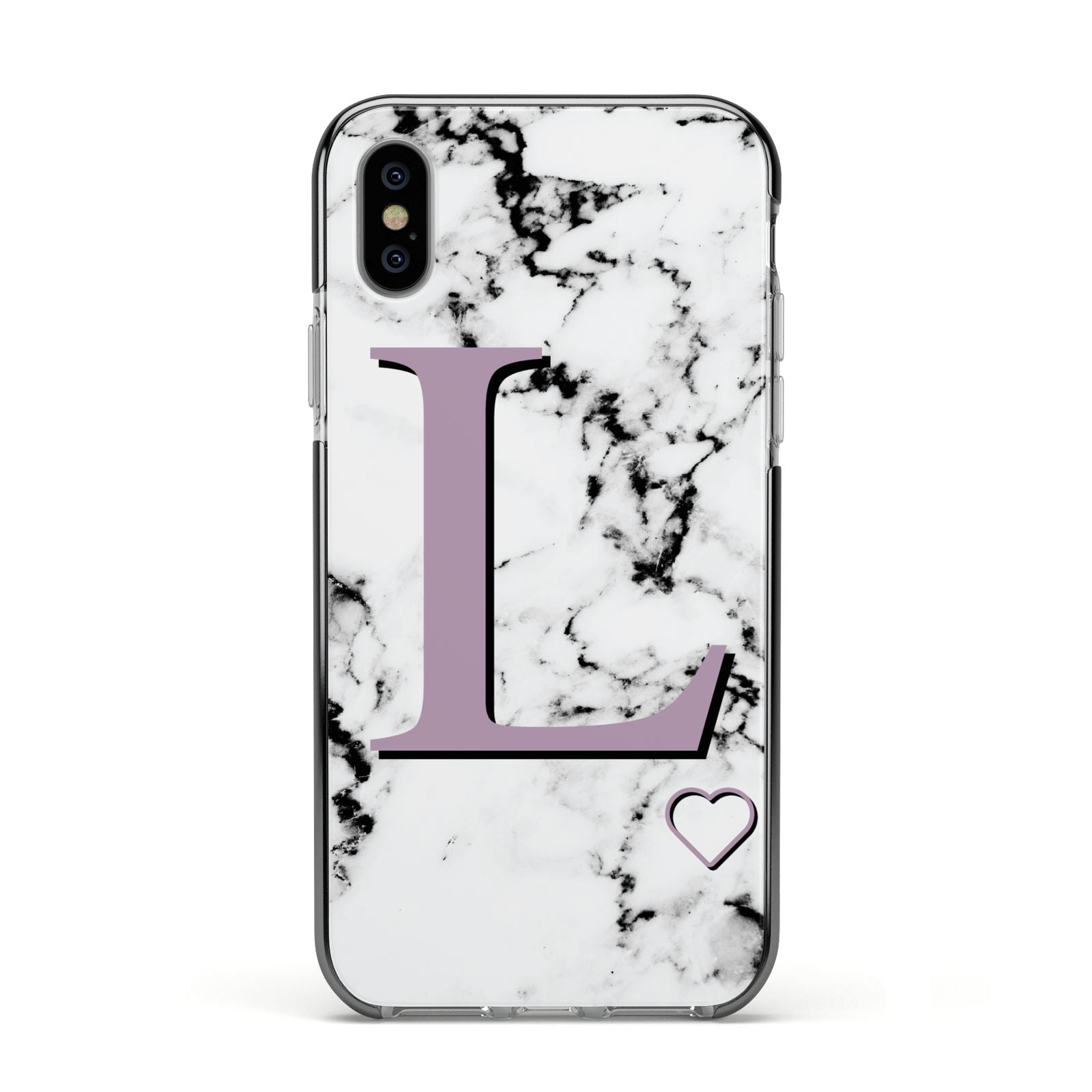 Personalised Purple Monogram Marble Heart Apple iPhone Xs Impact Case Black Edge on Silver Phone