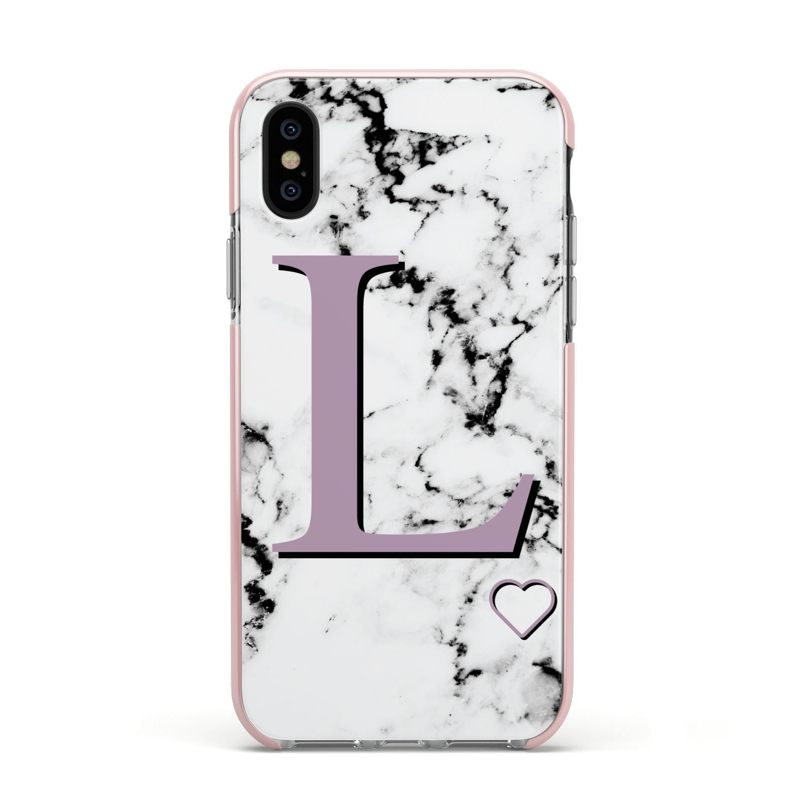 Personalised Purple Monogram Marble Heart Apple iPhone Xs Impact Case Pink Edge on Black Phone