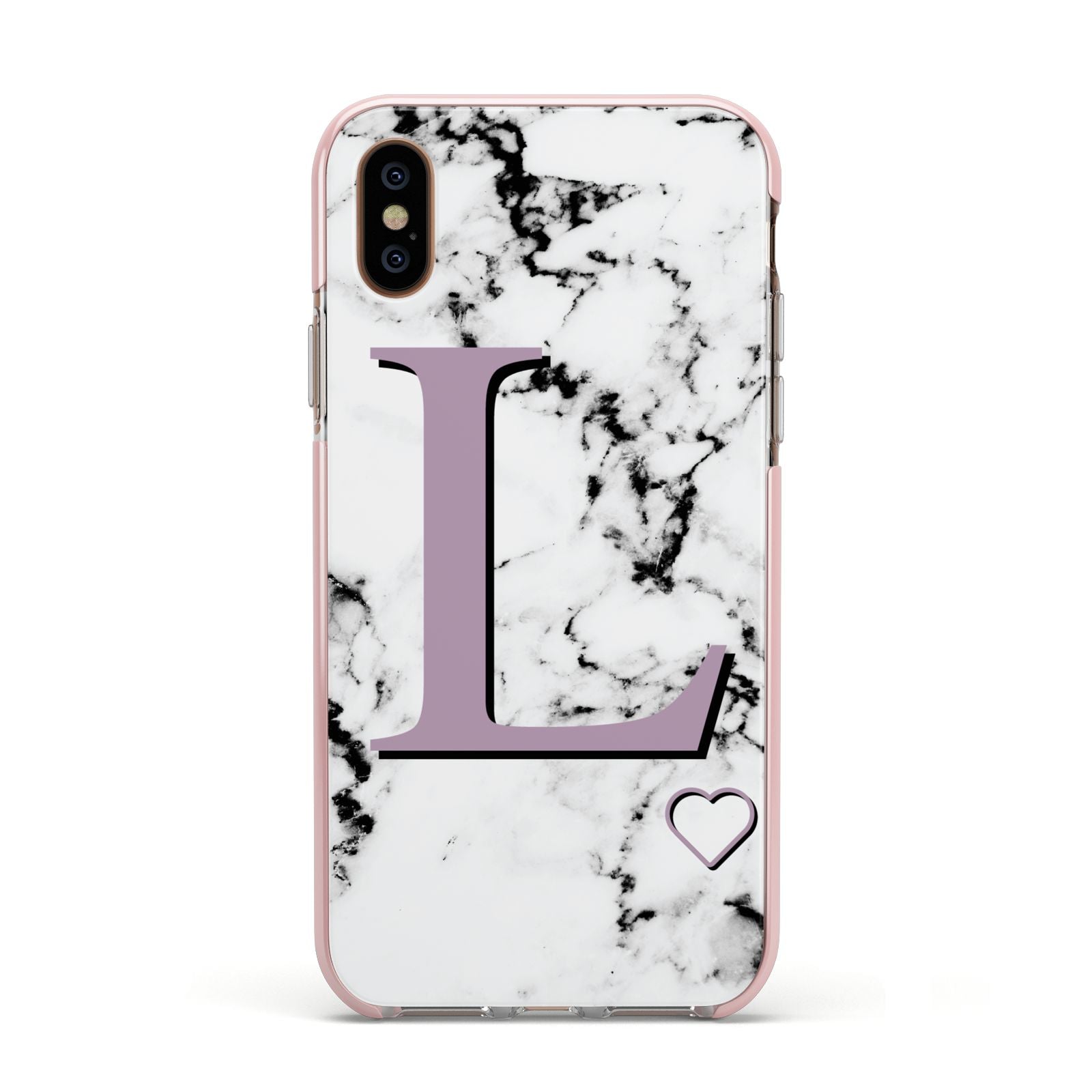 Personalised Purple Monogram Marble Heart Apple iPhone Xs Impact Case Pink Edge on Gold Phone