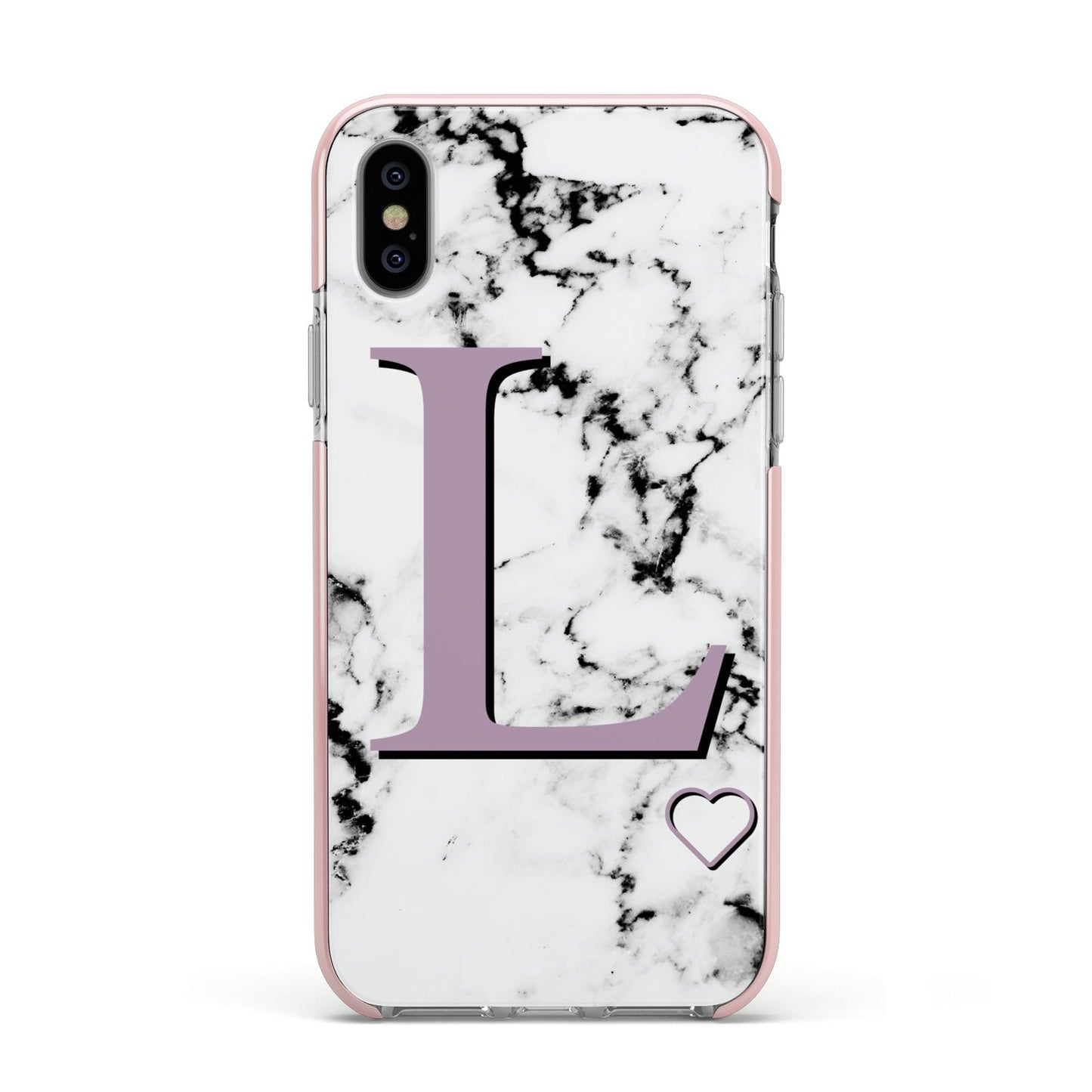 Personalised Purple Monogram Marble Heart Apple iPhone Xs Impact Case Pink Edge on Silver Phone