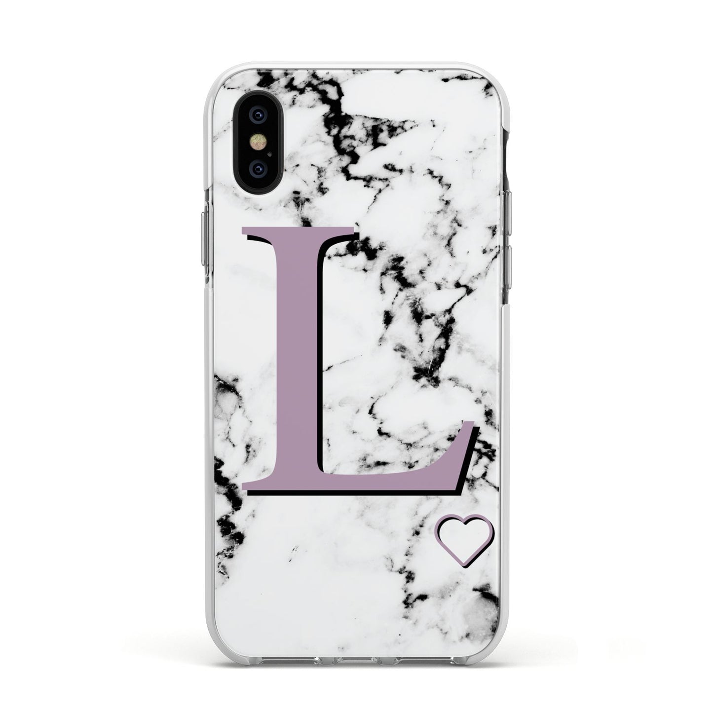 Personalised Purple Monogram Marble Heart Apple iPhone Xs Impact Case White Edge on Black Phone