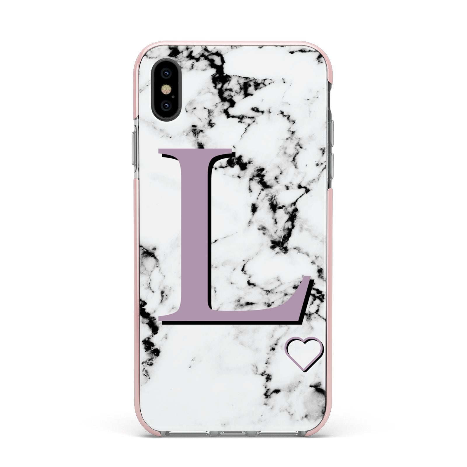 Personalised Purple Monogram Marble Heart Apple iPhone Xs Max Impact Case Pink Edge on Black Phone