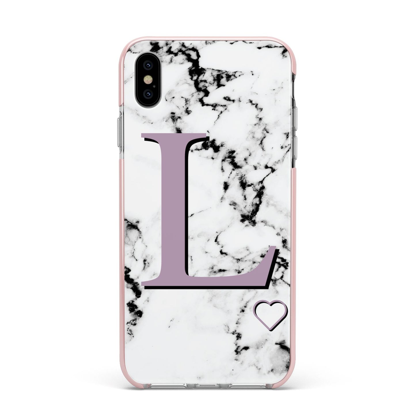 Personalised Purple Monogram Marble Heart Apple iPhone Xs Max Impact Case Pink Edge on Silver Phone