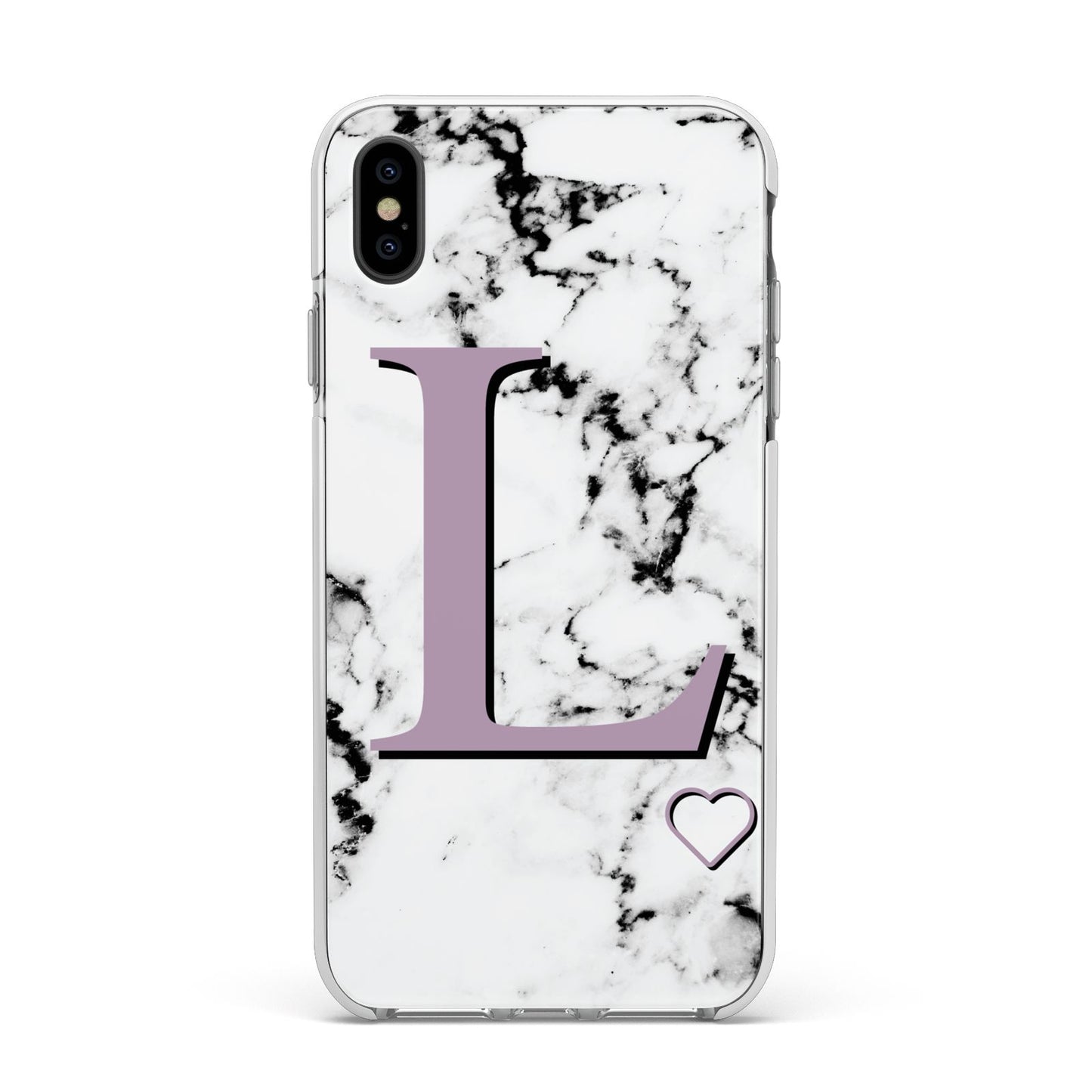 Personalised Purple Monogram Marble Heart Apple iPhone Xs Max Impact Case White Edge on Black Phone