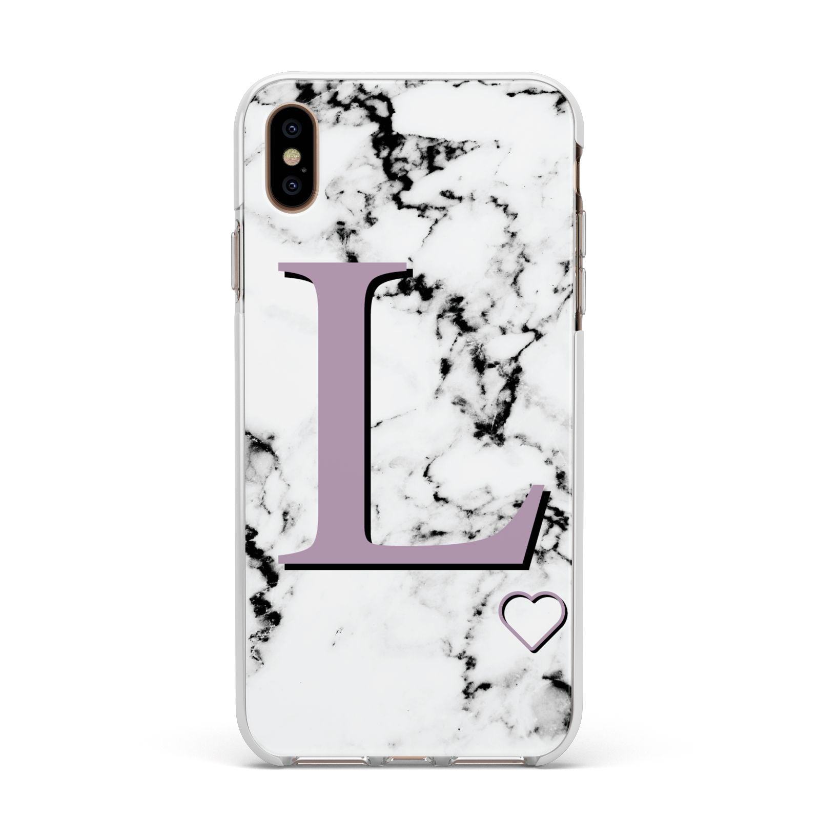 Personalised Purple Monogram Marble Heart Apple iPhone Xs Max Impact Case White Edge on Gold Phone