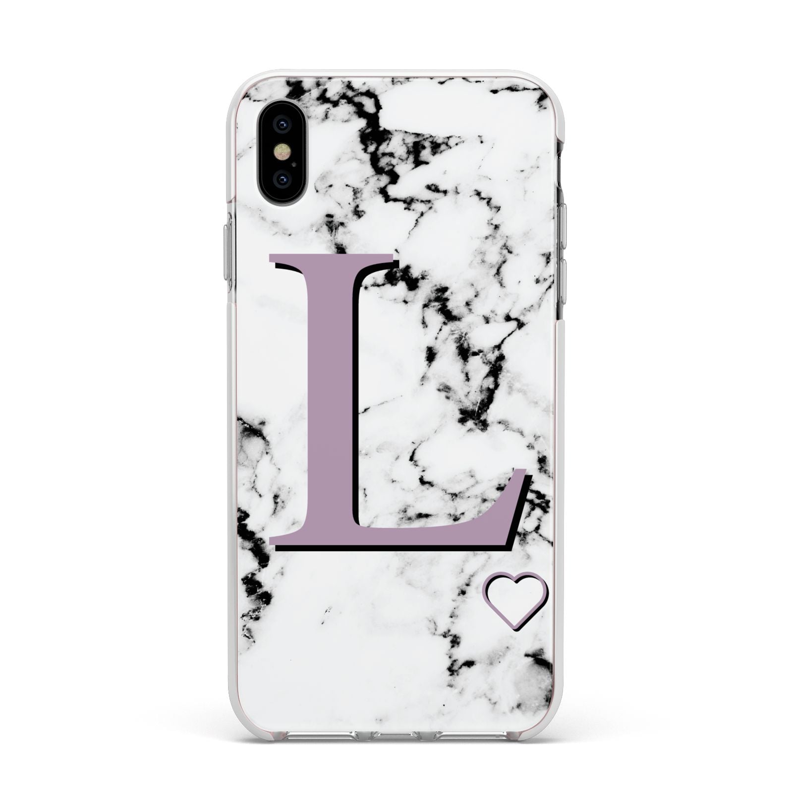 Personalised Purple Monogram Marble Heart Apple iPhone Xs Max Impact Case White Edge on Silver Phone