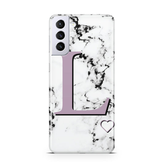 Personalised Purple Monogram Marble Heart Samsung S21 Plus Phone Case