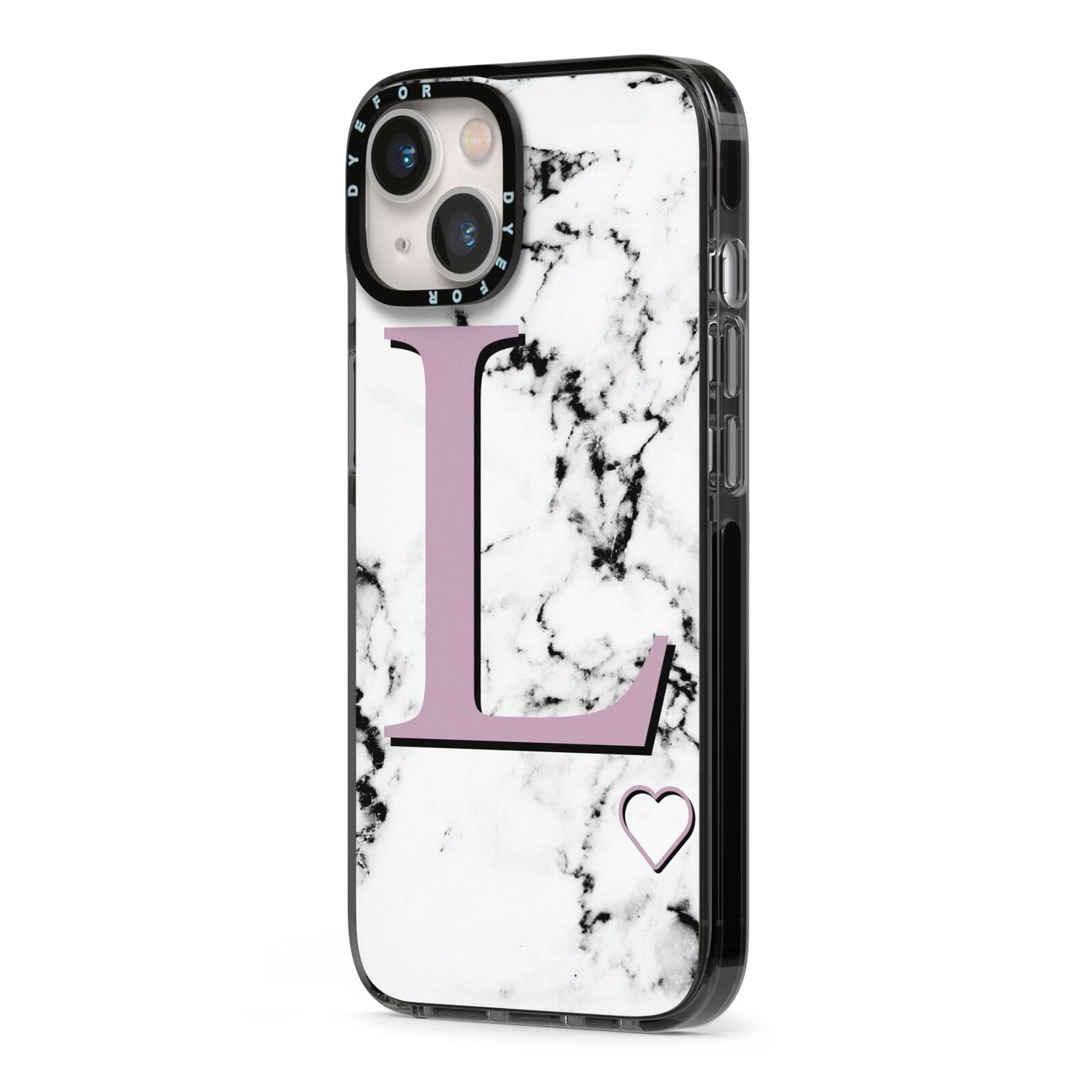 Personalised Purple Monogram Marble Heart iPhone 13 Black Impact Case Side Angle on Silver phone