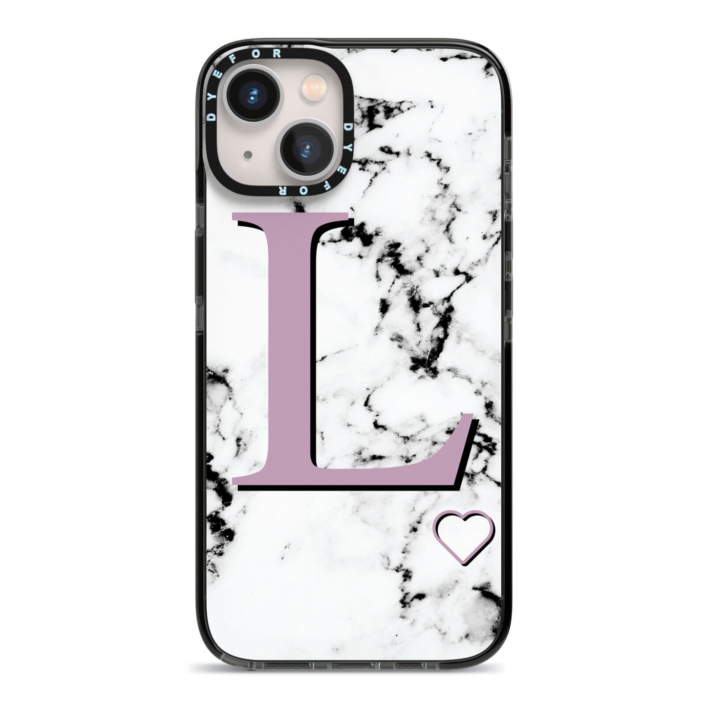 Personalised Purple Monogram Marble Heart iPhone 13 Black Impact Case on Silver phone