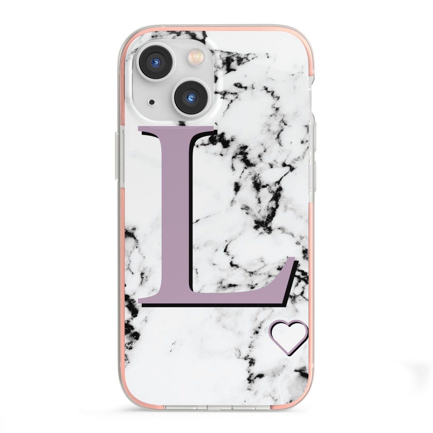 Personalised Purple Monogram Marble Heart iPhone 13 Mini TPU Impact Case with Pink Edges