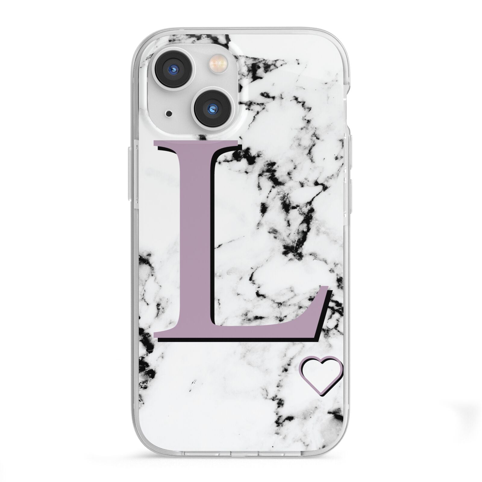 Personalised Purple Monogram Marble Heart iPhone 13 Mini TPU Impact Case with White Edges