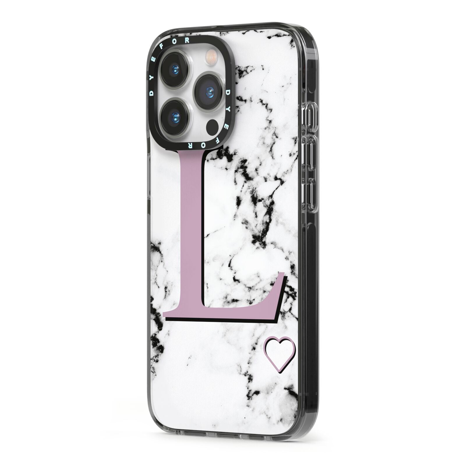 Personalised Purple Monogram Marble Heart iPhone 13 Pro Black Impact Case Side Angle on Silver phone