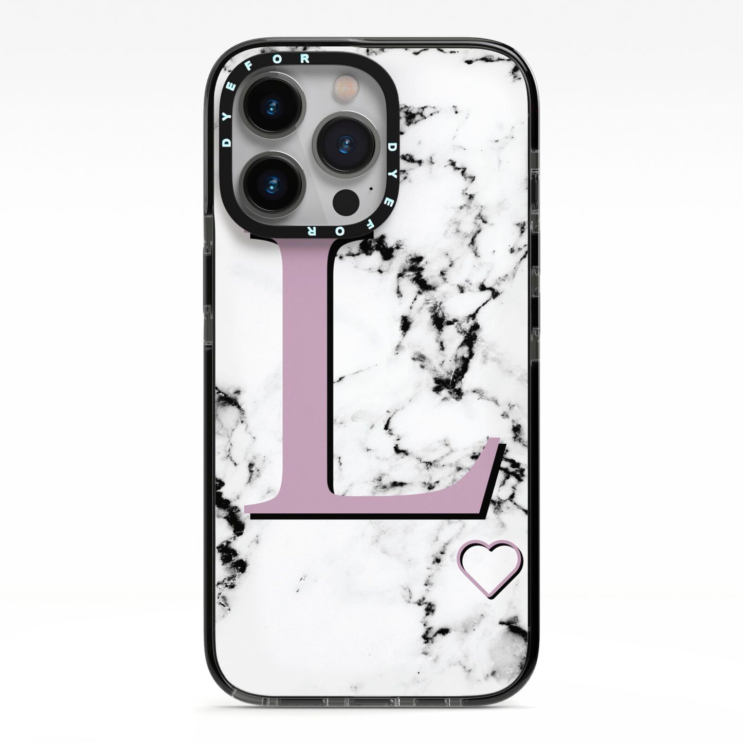 Personalised Purple Monogram Marble Heart iPhone 13 Pro Black Impact Case on Silver phone