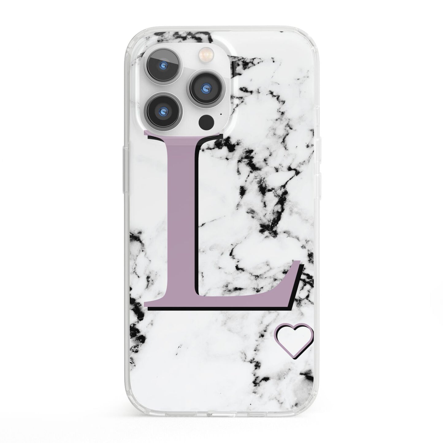 Personalised Purple Monogram Marble Heart iPhone 13 Pro Clear Bumper Case