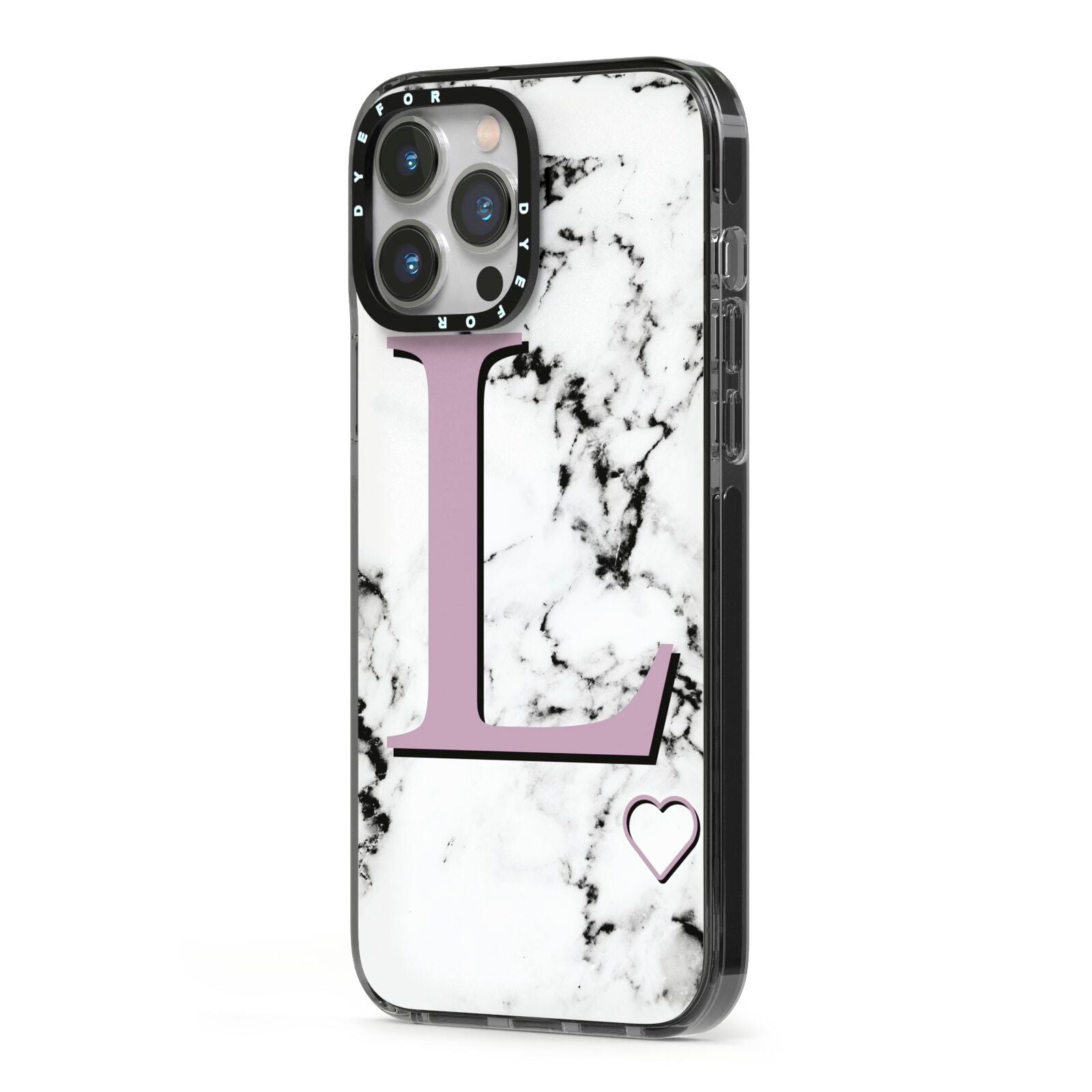 Personalised Purple Monogram Marble Heart iPhone 13 Pro Max Black Impact Case Side Angle on Silver phone