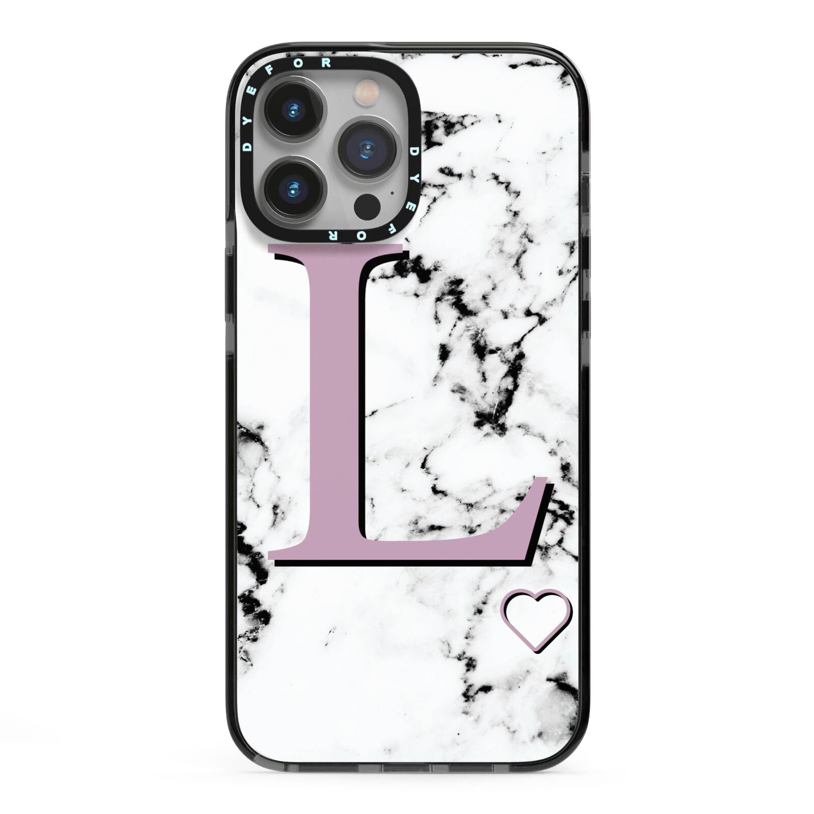 Personalised Purple Monogram Marble Heart iPhone 13 Pro Max Black Impact Case on Silver phone