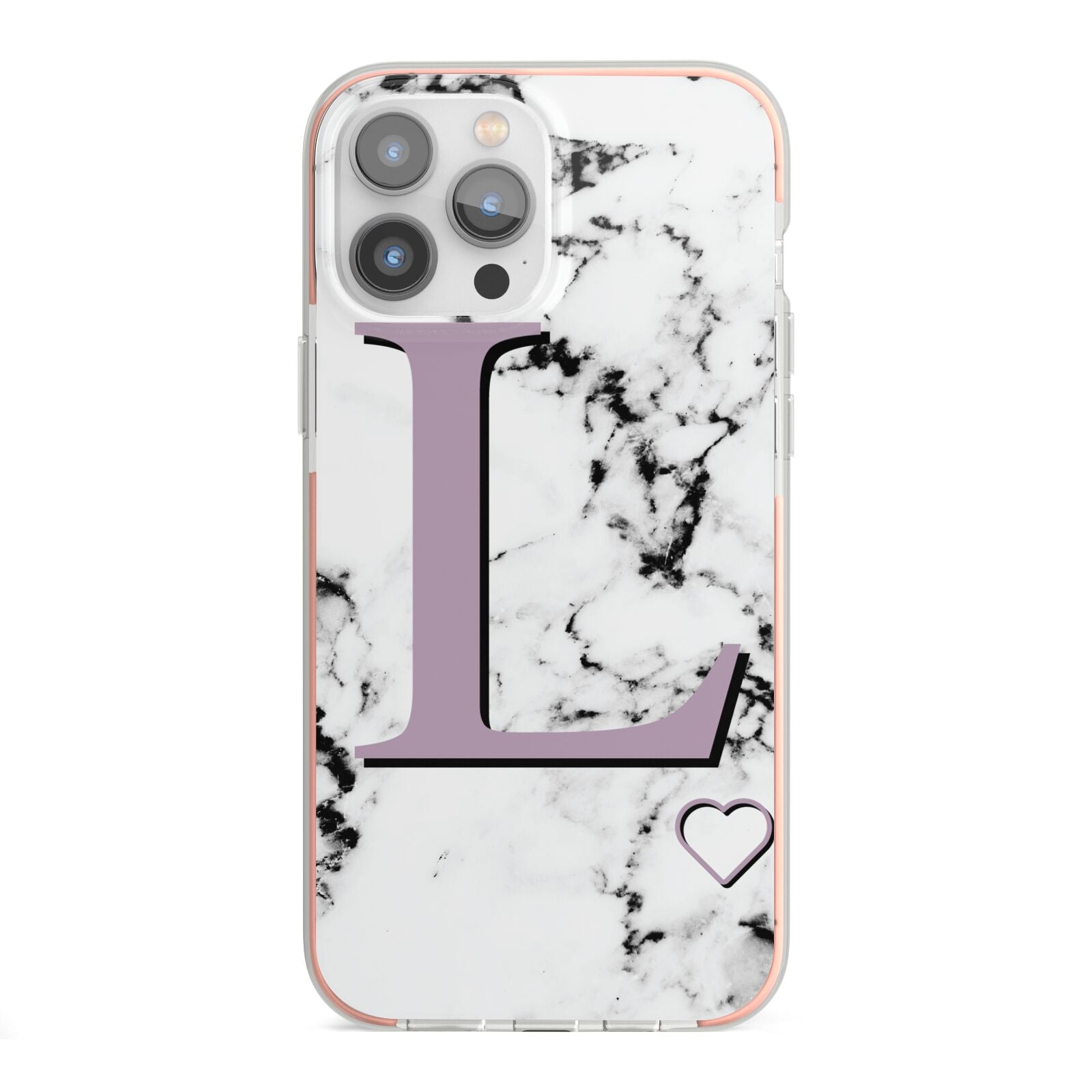 Personalised Purple Monogram Marble Heart iPhone 13 Pro Max TPU Impact Case with Pink Edges