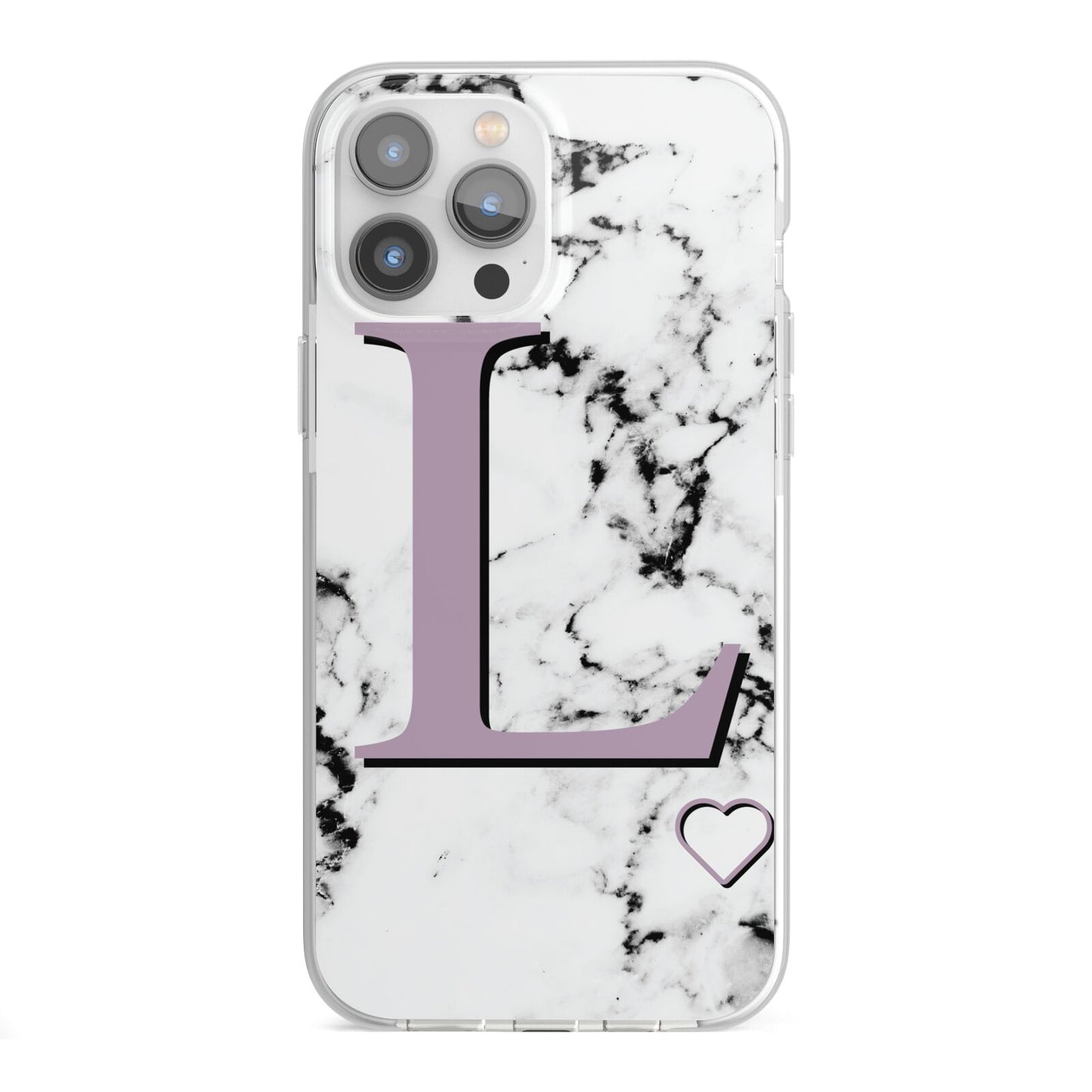 Personalised Purple Monogram Marble Heart iPhone 13 Pro Max TPU Impact Case with White Edges