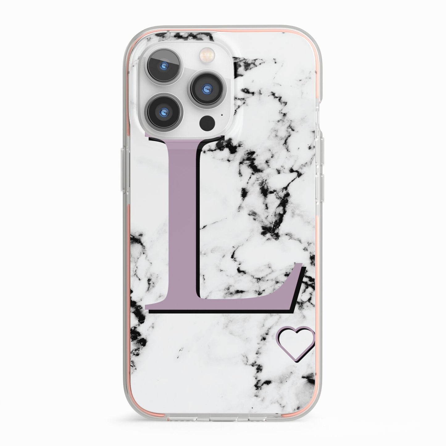 Personalised Purple Monogram Marble Heart iPhone 13 Pro TPU Impact Case with Pink Edges