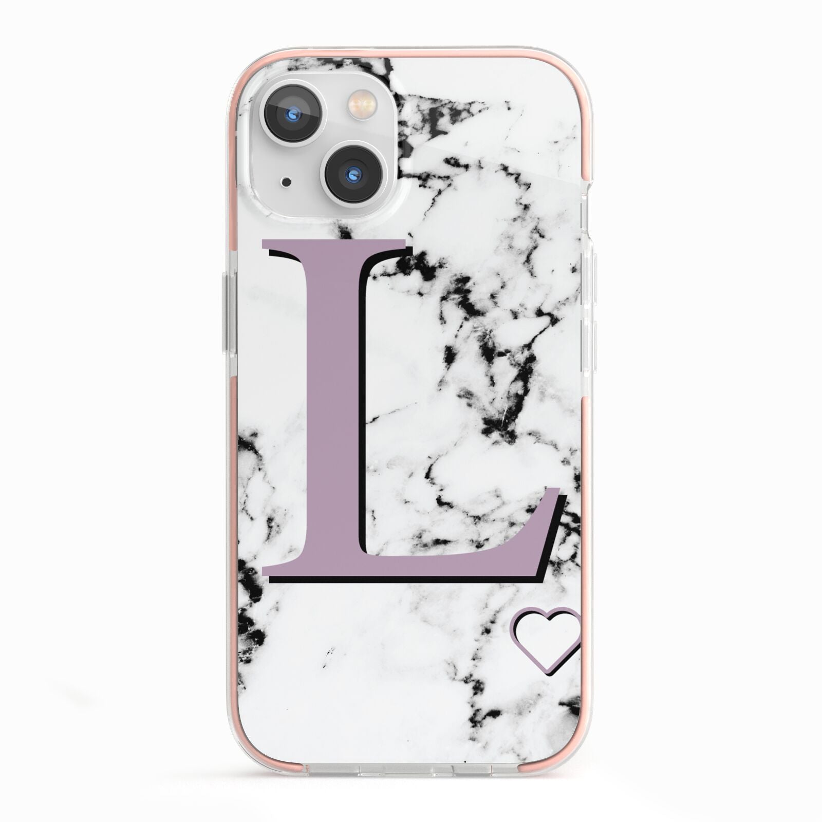 Personalised Purple Monogram Marble Heart iPhone 13 TPU Impact Case with Pink Edges