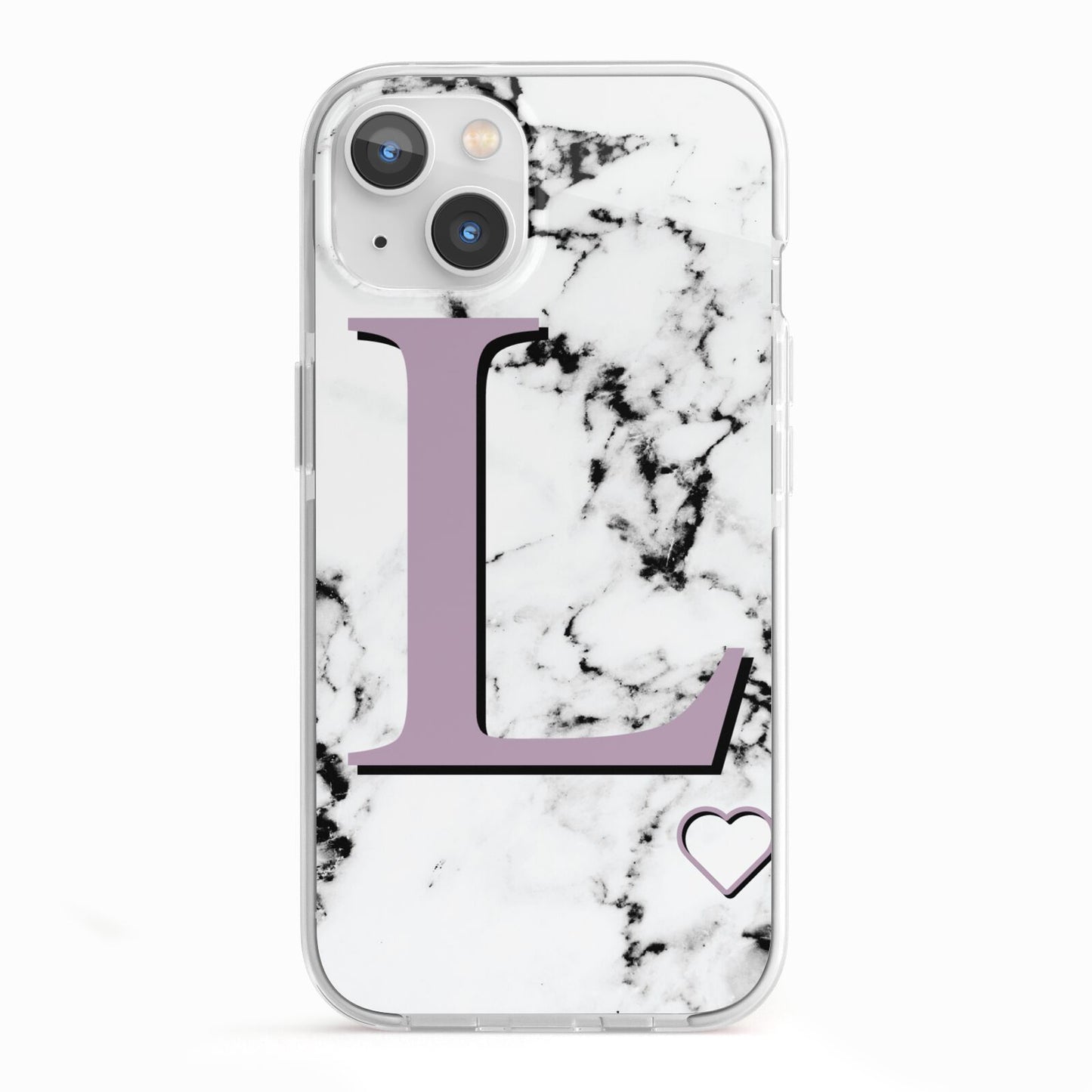 Personalised Purple Monogram Marble Heart iPhone 13 TPU Impact Case with White Edges