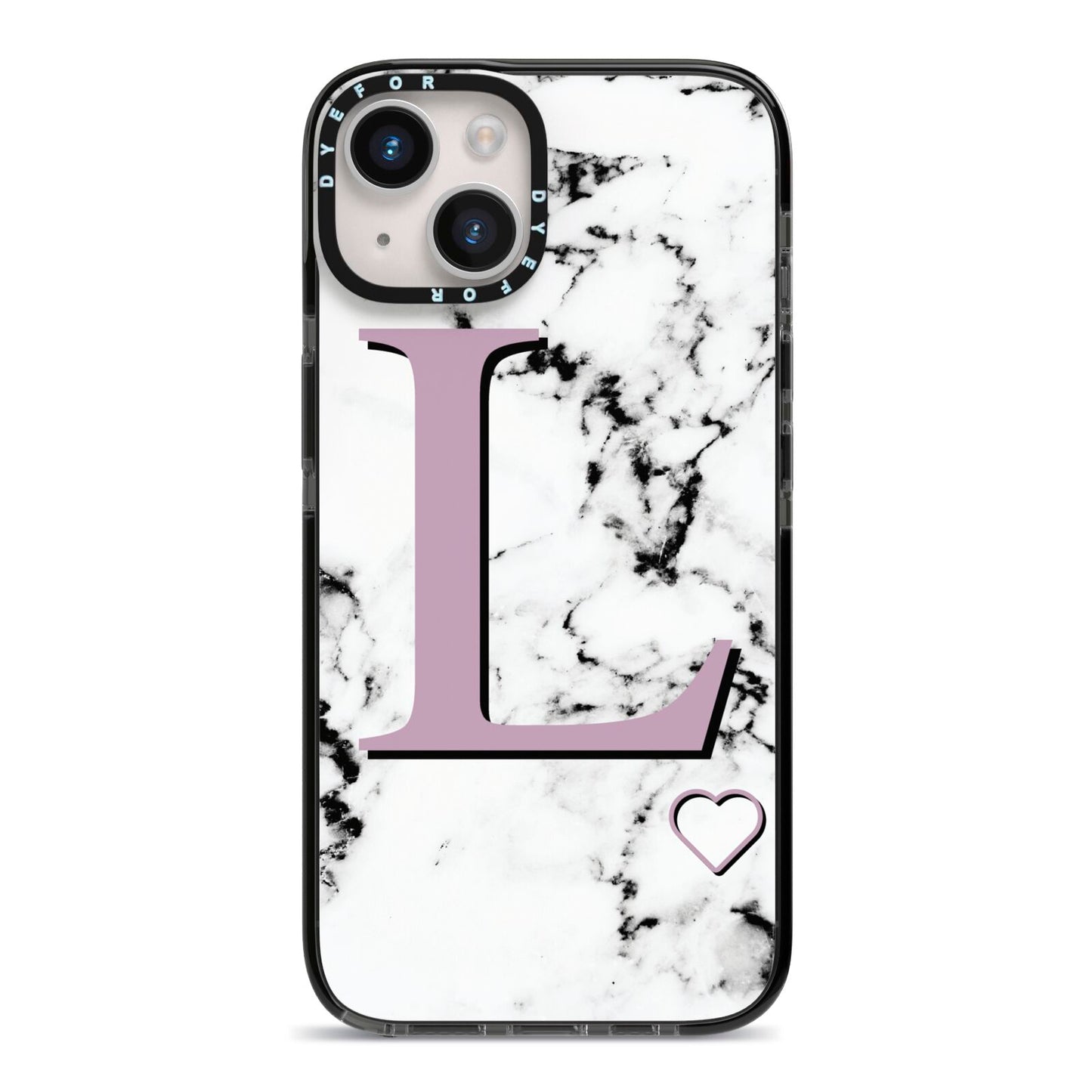 Personalised Purple Monogram Marble Heart iPhone 14 Black Impact Case on Silver phone