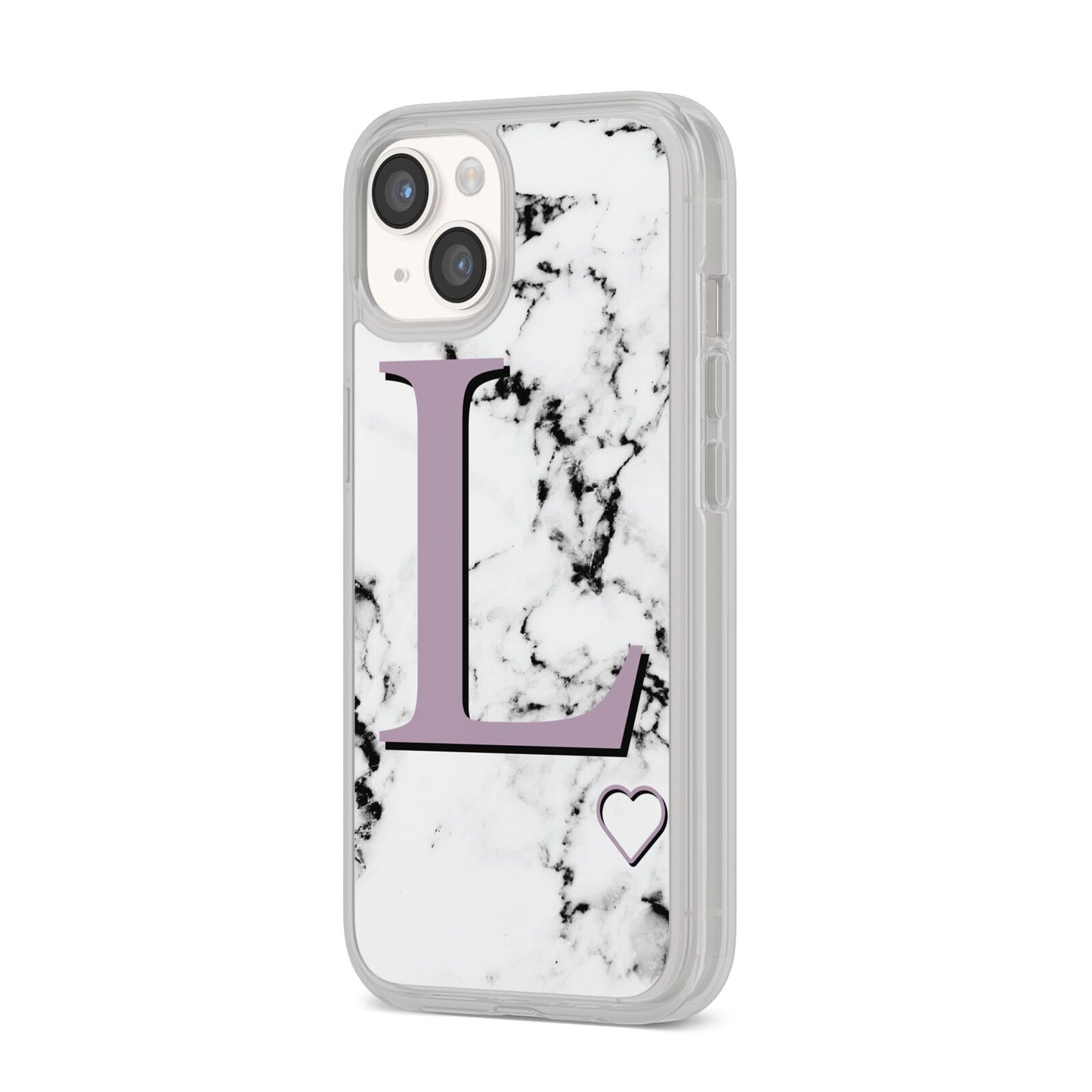 Personalised Purple Monogram Marble Heart iPhone 14 Clear Tough Case Starlight Angled Image