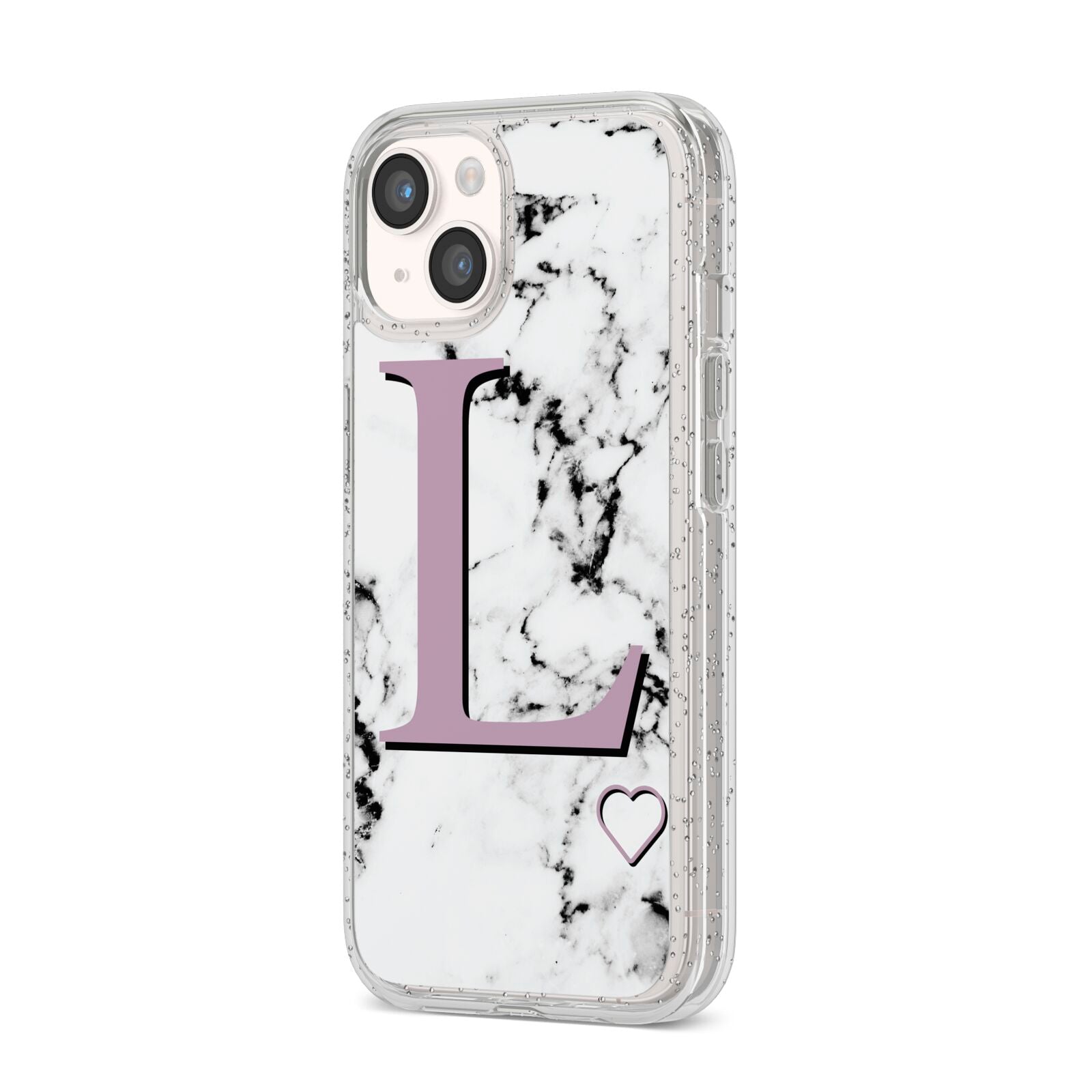 Personalised Purple Monogram Marble Heart iPhone 14 Glitter Tough Case Starlight Angled Image