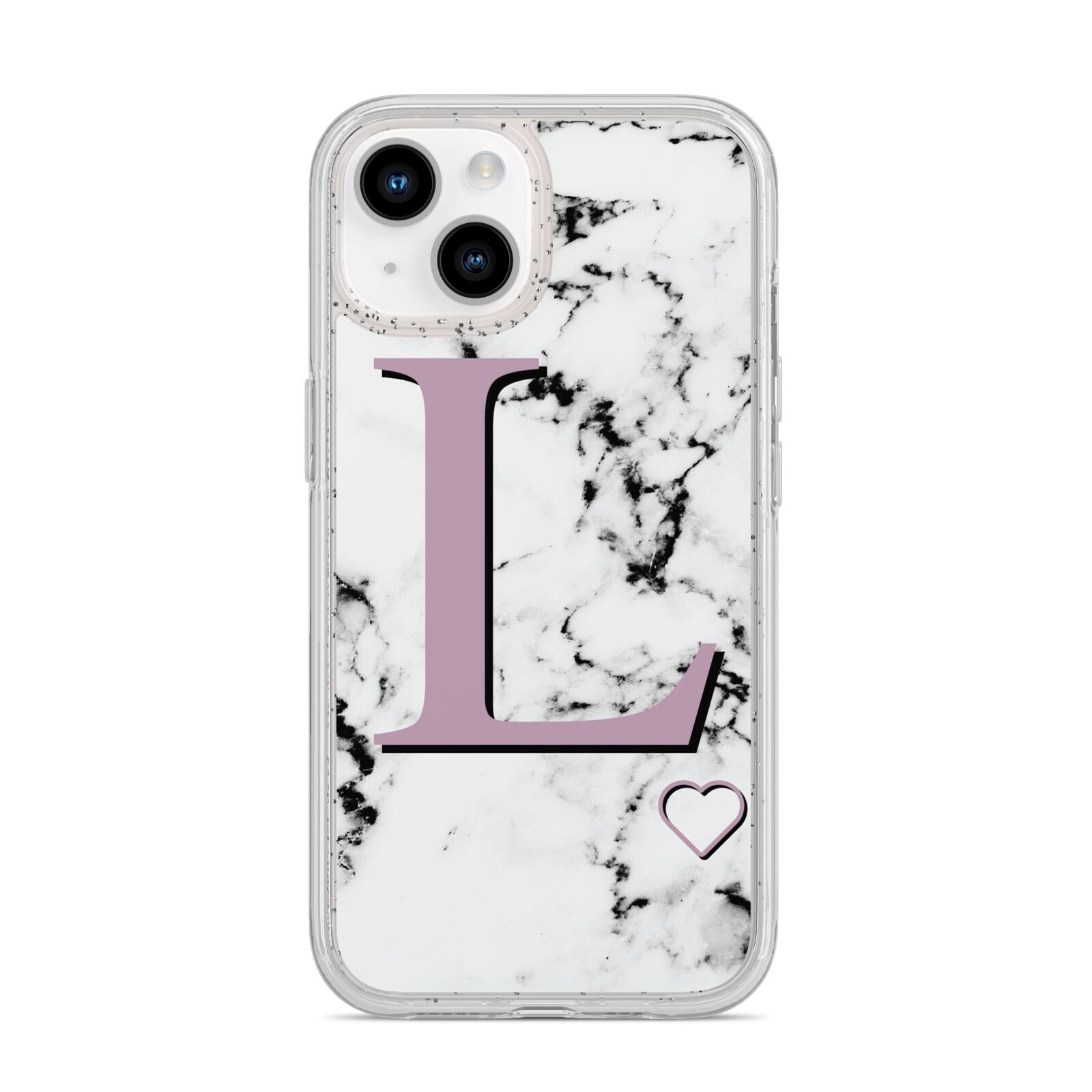 Personalised Purple Monogram Marble Heart iPhone 14 Glitter Tough Case Starlight