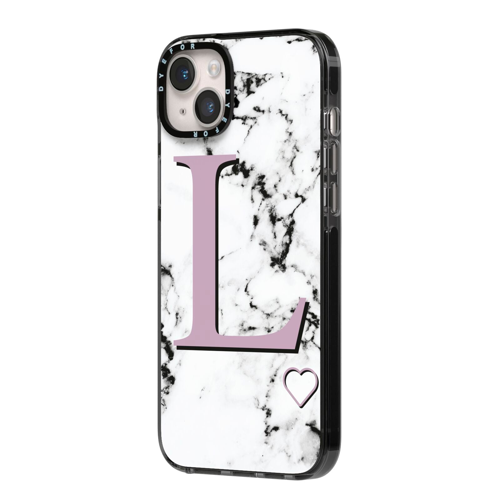 Personalised Purple Monogram Marble Heart iPhone 14 Plus Black Impact Case Side Angle on Silver phone