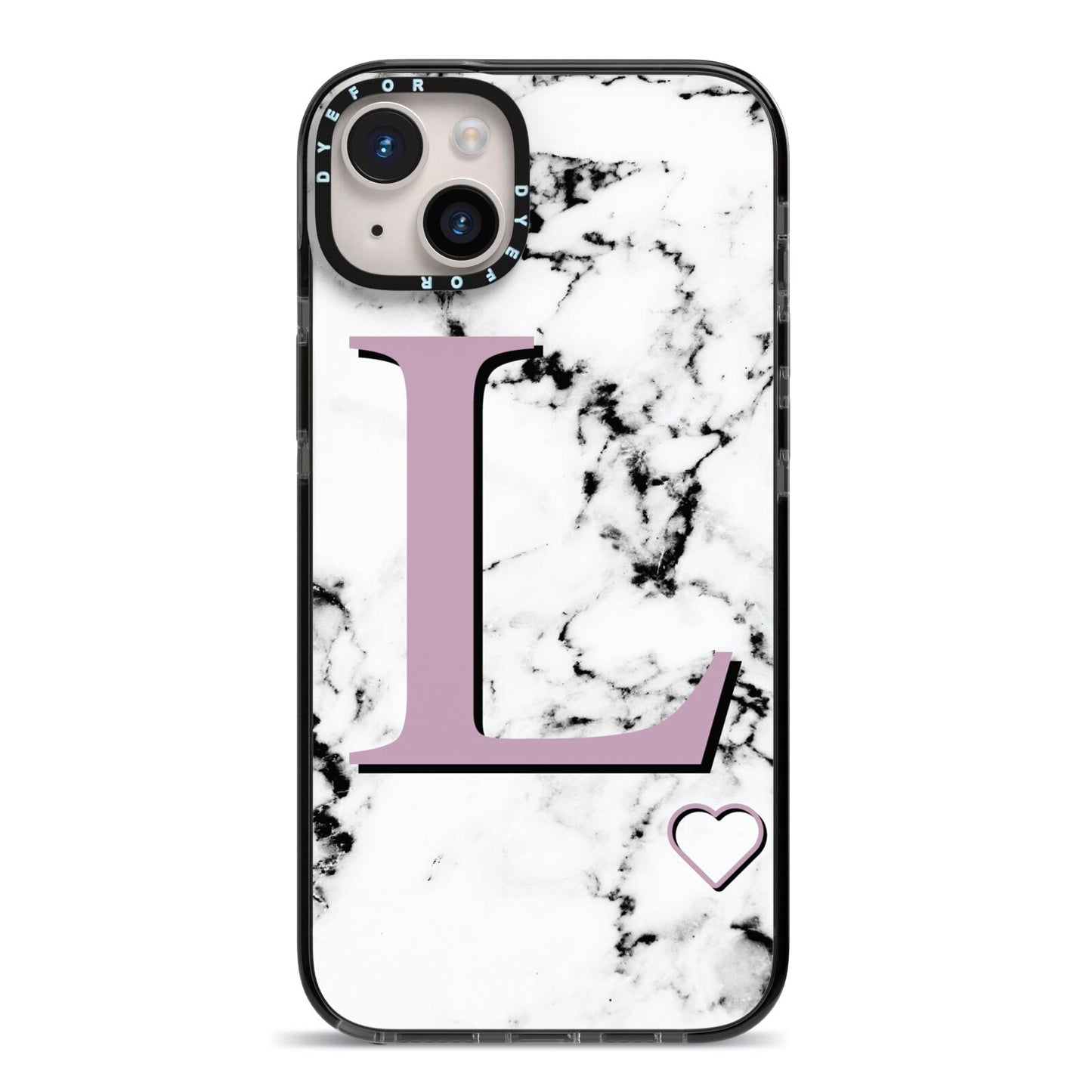 Personalised Purple Monogram Marble Heart iPhone 14 Plus Black Impact Case on Silver phone