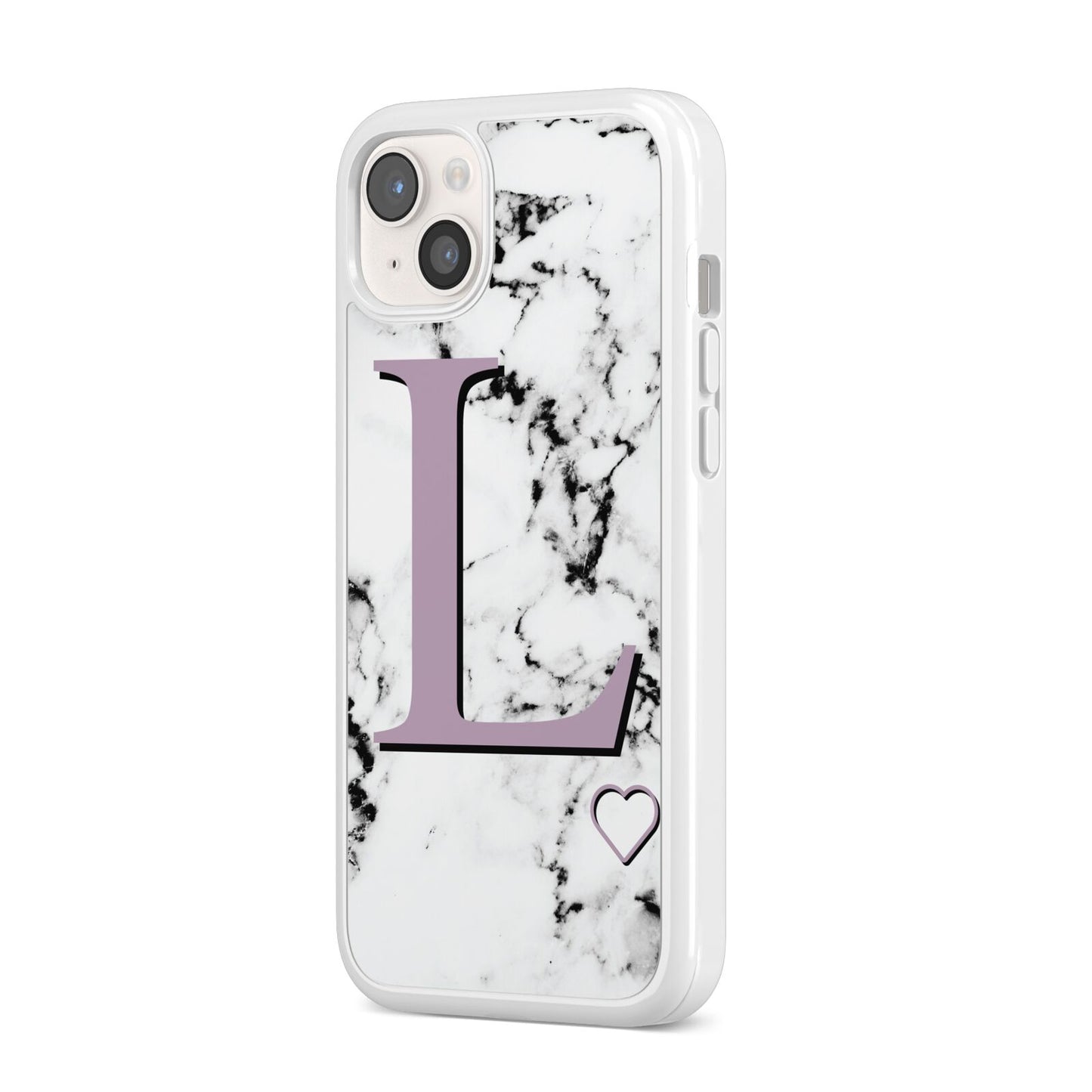 Personalised Purple Monogram Marble Heart iPhone 14 Plus Clear Tough Case Starlight Angled Image