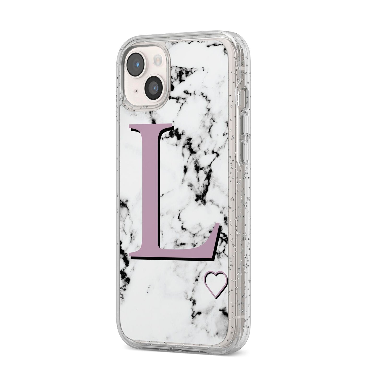 Personalised Purple Monogram Marble Heart iPhone 14 Plus Glitter Tough Case Starlight Angled Image