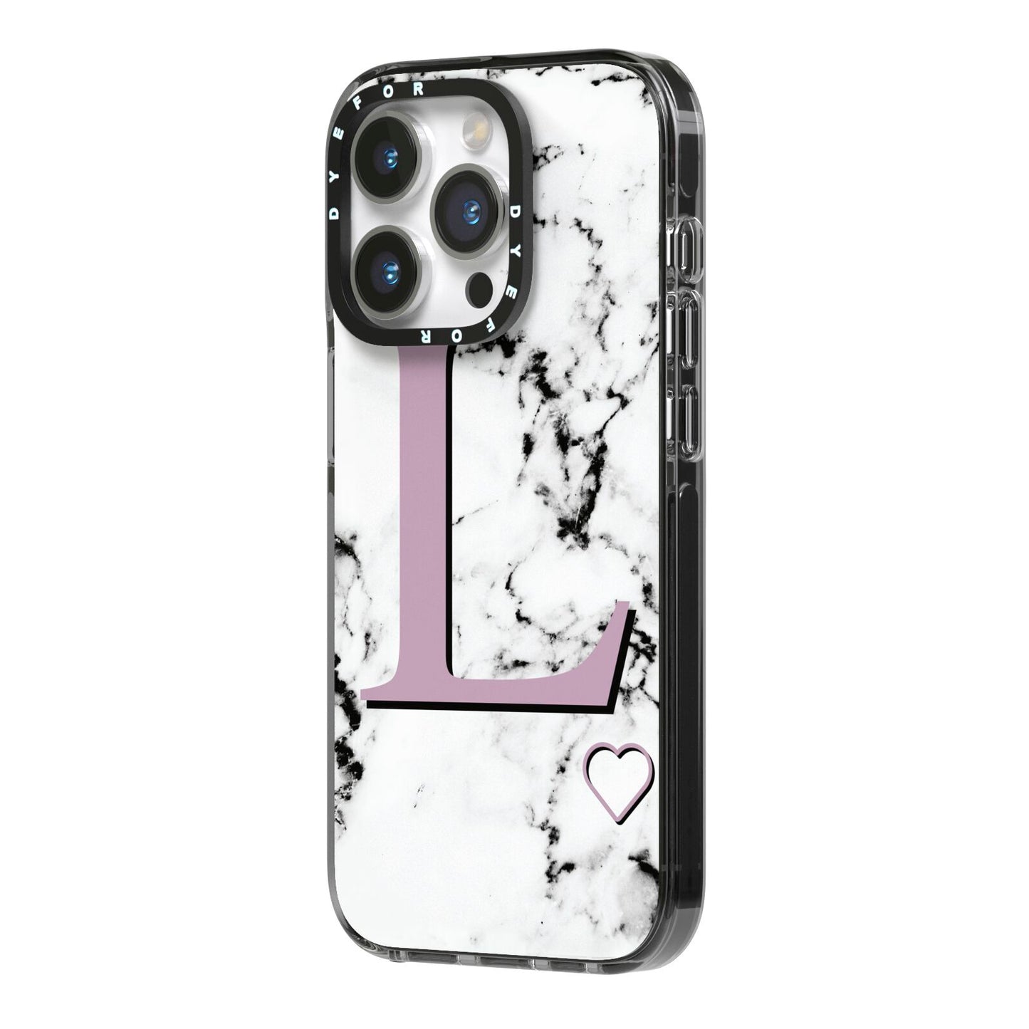 Personalised Purple Monogram Marble Heart iPhone 14 Pro Black Impact Case Side Angle on Silver phone