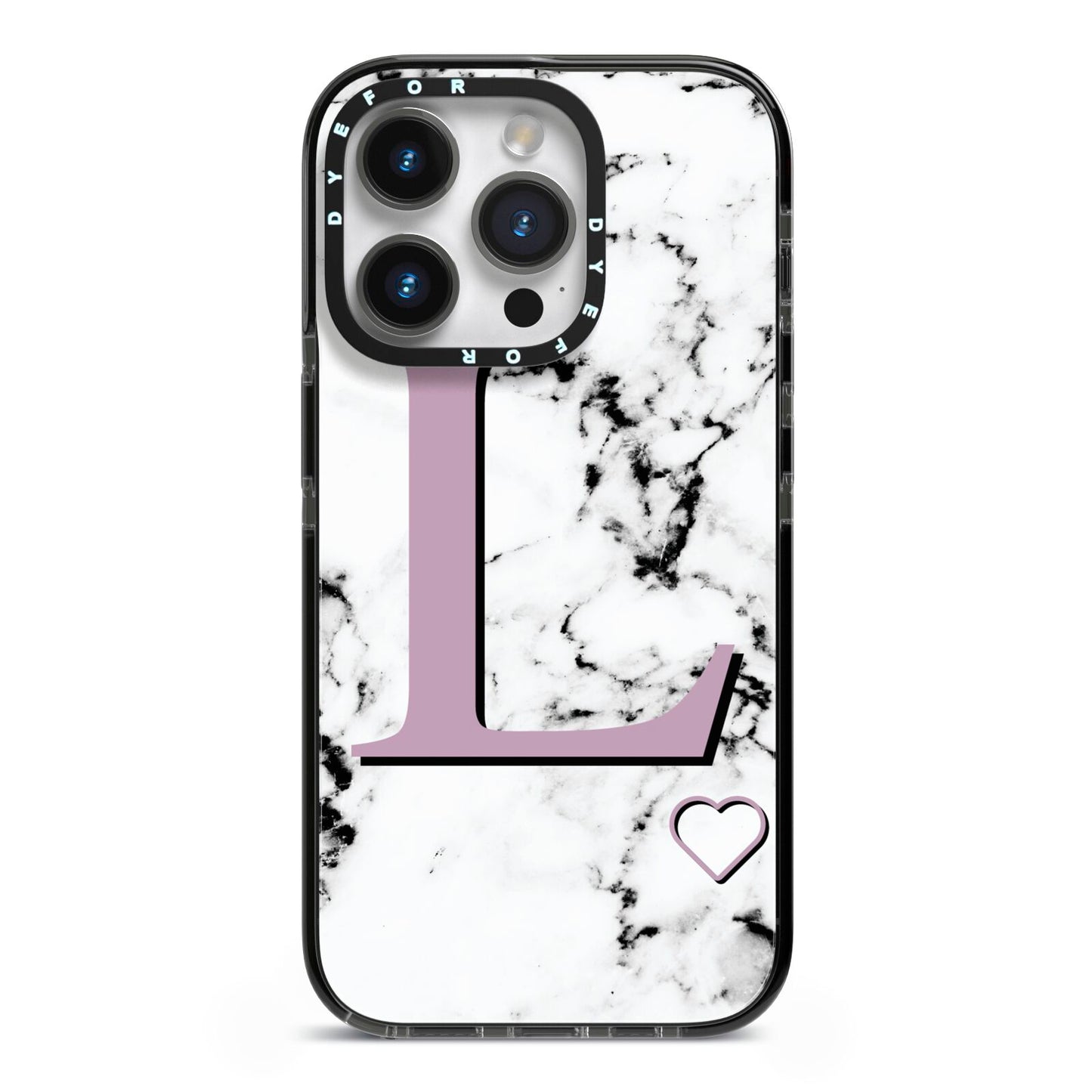 Personalised Purple Monogram Marble Heart iPhone 14 Pro Black Impact Case on Silver phone