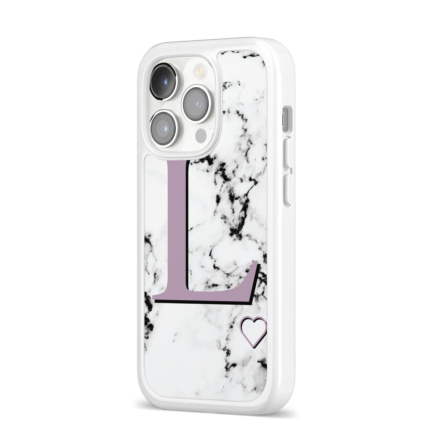 Personalised Purple Monogram Marble Heart iPhone 14 Pro Clear Tough Case Silver Angled Image