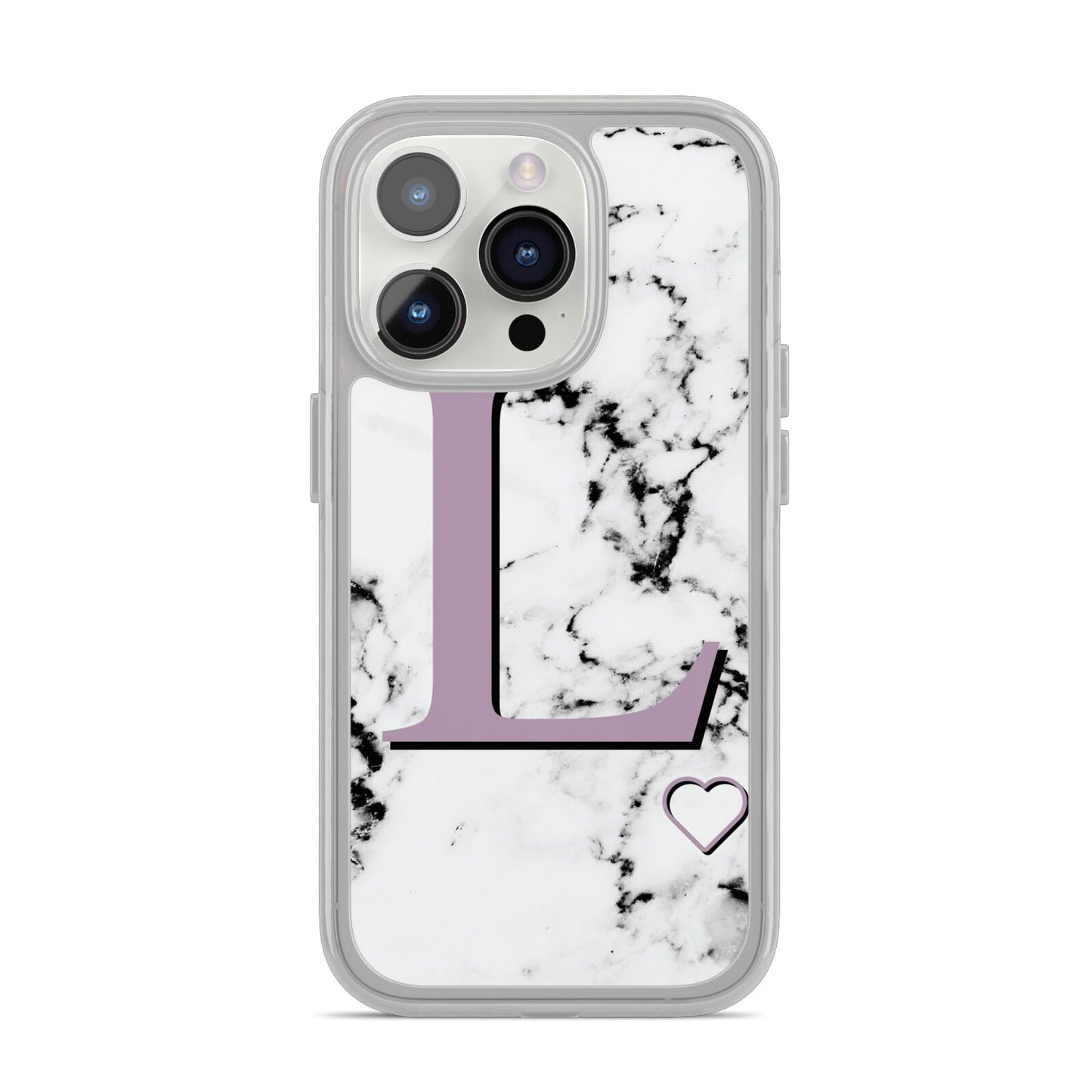 Personalised Purple Monogram Marble Heart iPhone 14 Pro Clear Tough Case Silver