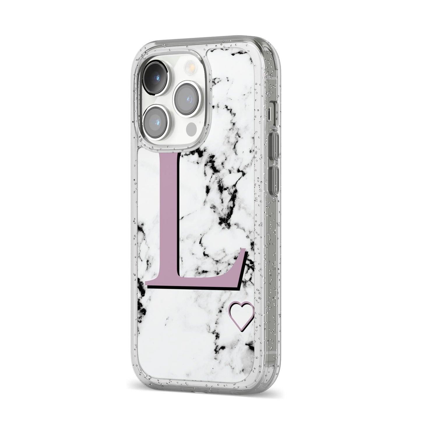 Personalised Purple Monogram Marble Heart iPhone 14 Pro Glitter Tough Case Silver Angled Image