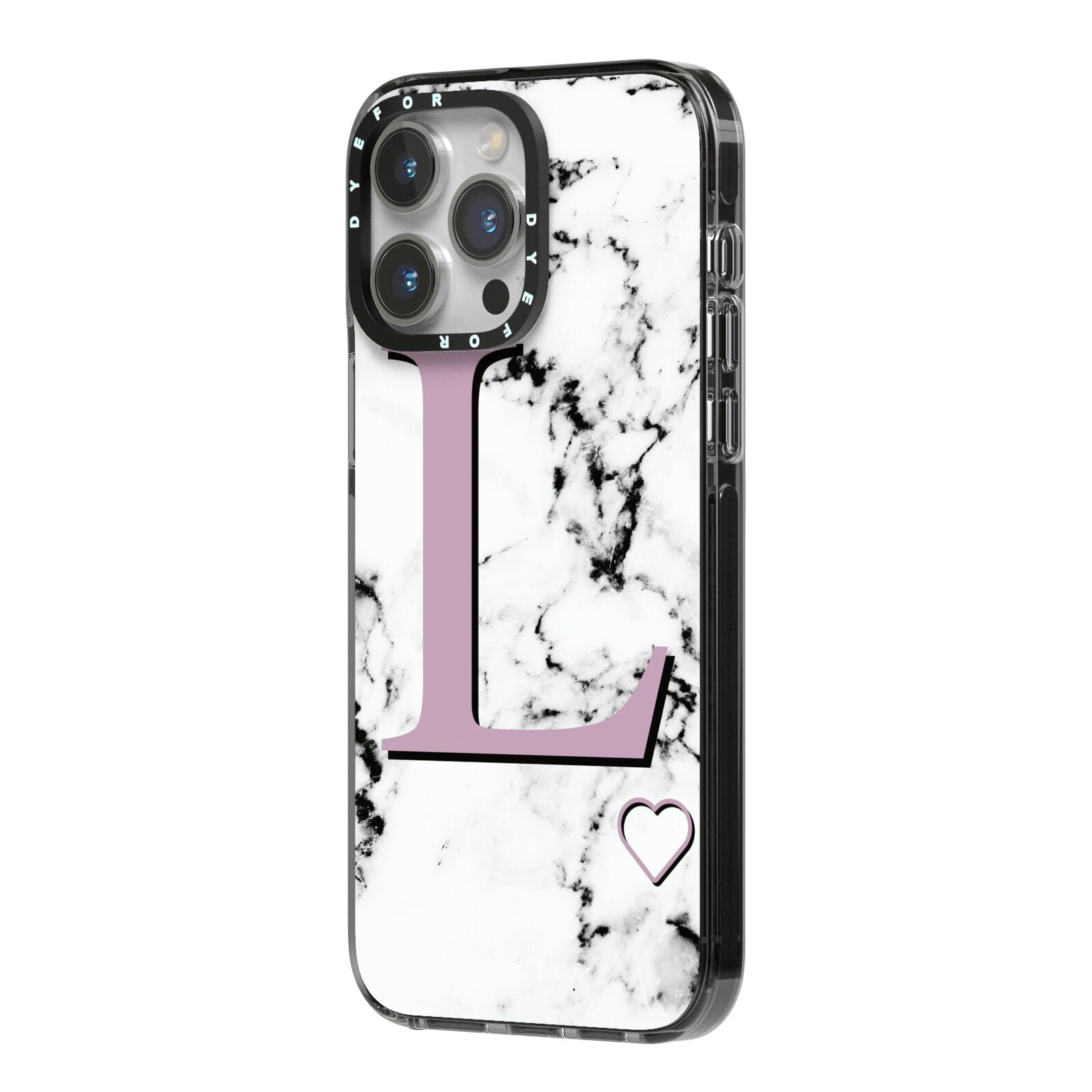 Personalised Purple Monogram Marble Heart iPhone 14 Pro Max Black Impact Case Side Angle on Silver phone