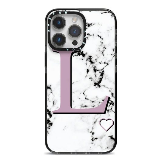 Personalised Purple Monogram Marble Heart iPhone 14 Pro Max Black Impact Case on Silver phone