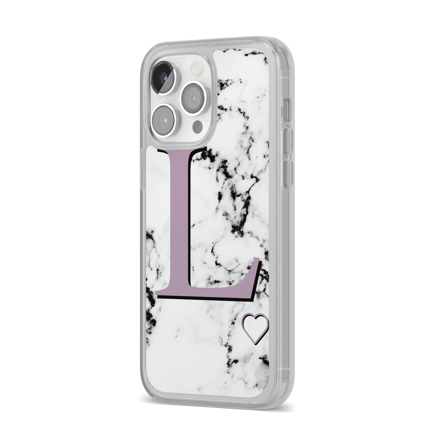 Personalised Purple Monogram Marble Heart iPhone 14 Pro Max Clear Tough Case Silver Angled Image