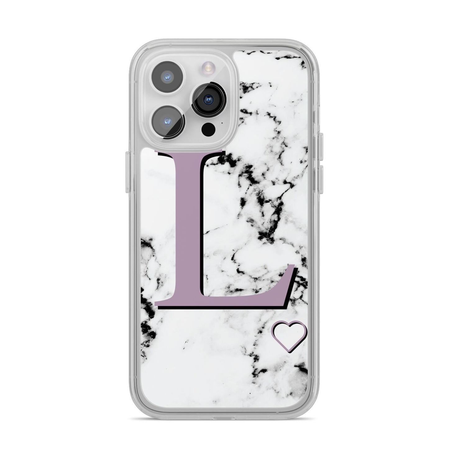 Personalised Purple Monogram Marble Heart iPhone 14 Pro Max Clear Tough Case Silver