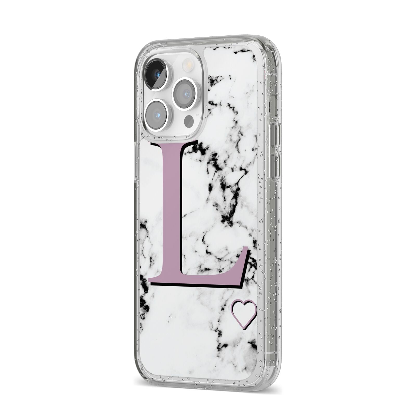 Personalised Purple Monogram Marble Heart iPhone 14 Pro Max Glitter Tough Case Silver Angled Image