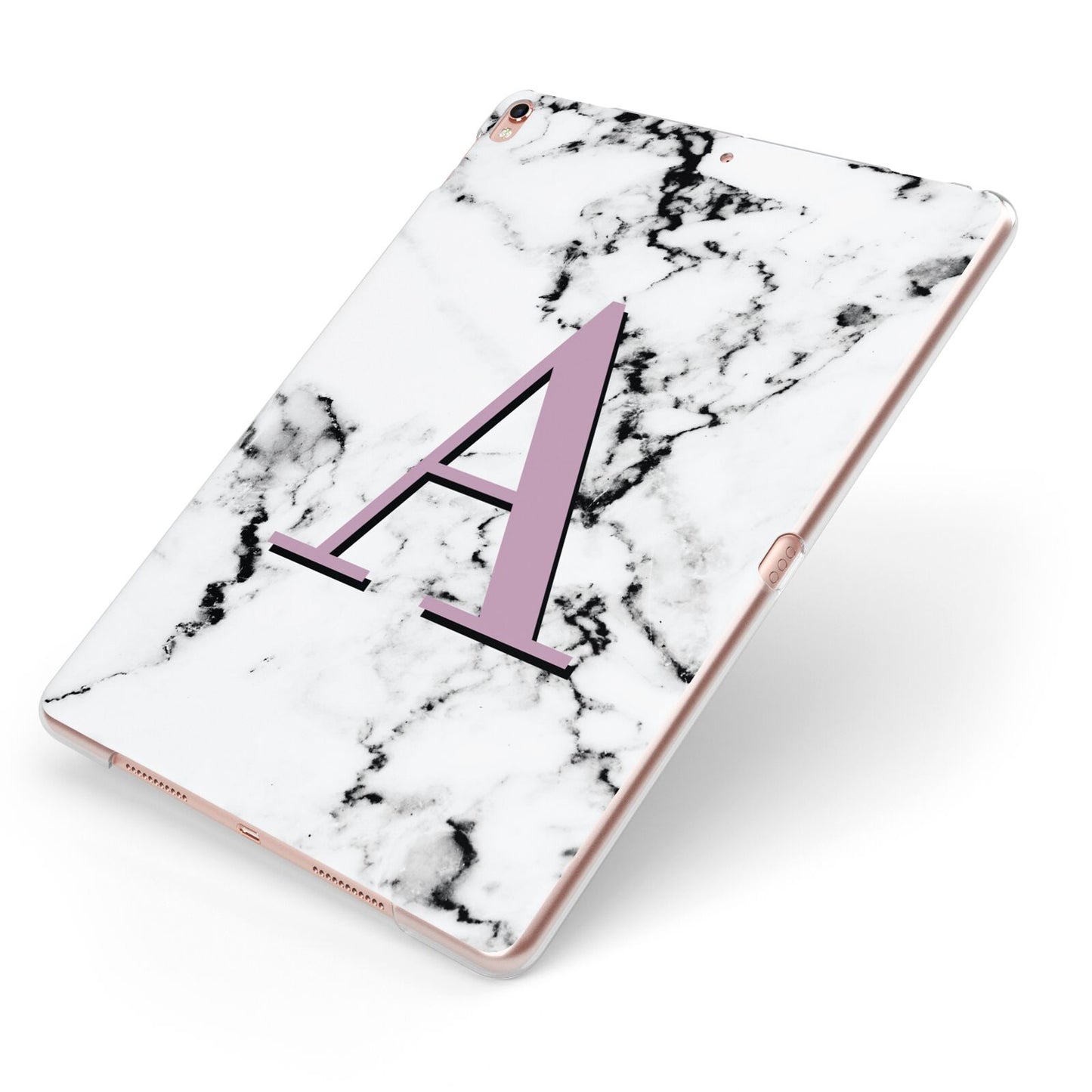 Personalised Purple Single Initial Marble Apple iPad Case on Rose Gold iPad Side View